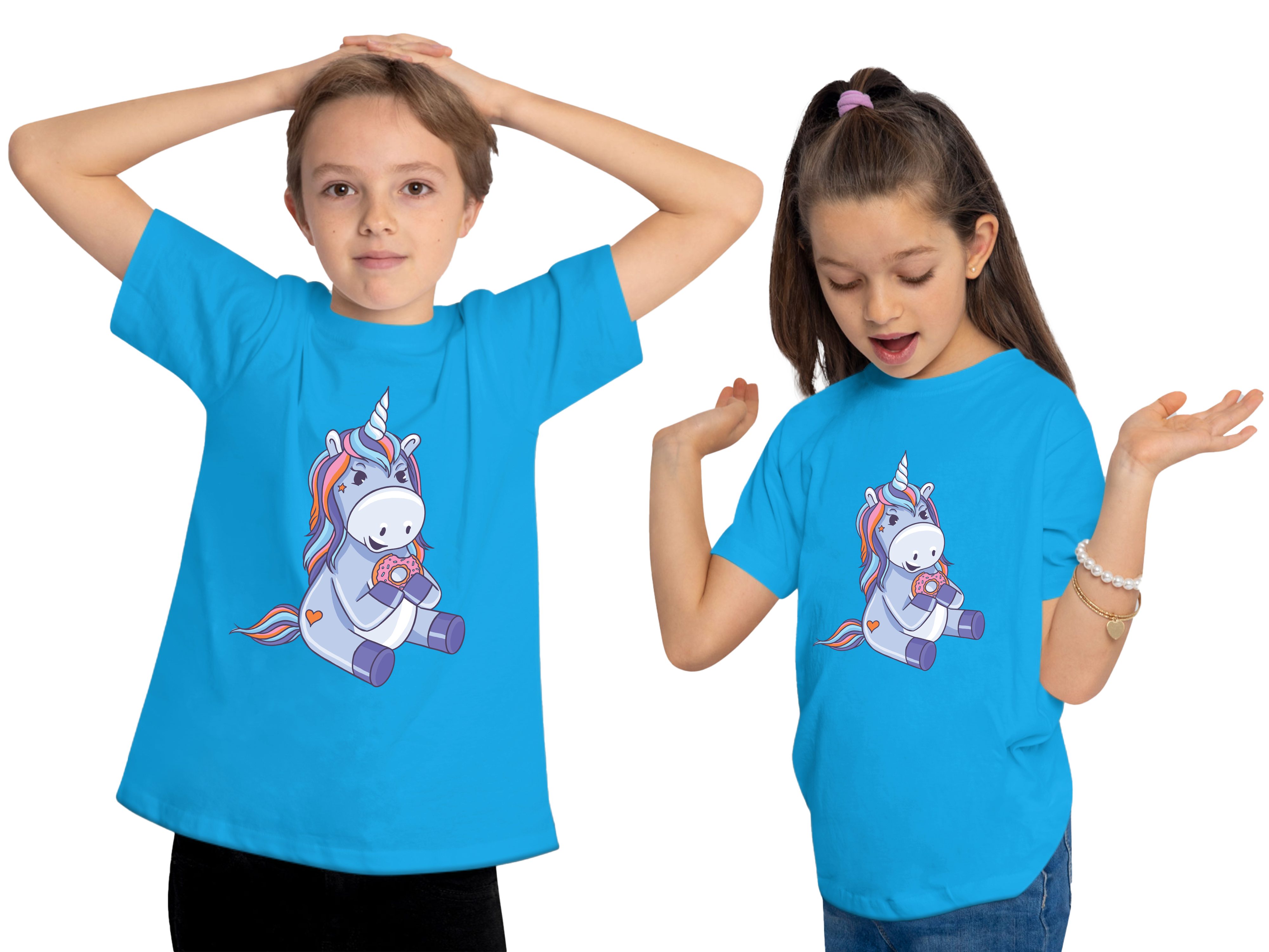 Einhorn mit MyDesign24 - i249 Aufdruck, blau Kinder T-Shirt Einhorn bedruckt Print essendes aqua Baumwollshirt Shirt Donut