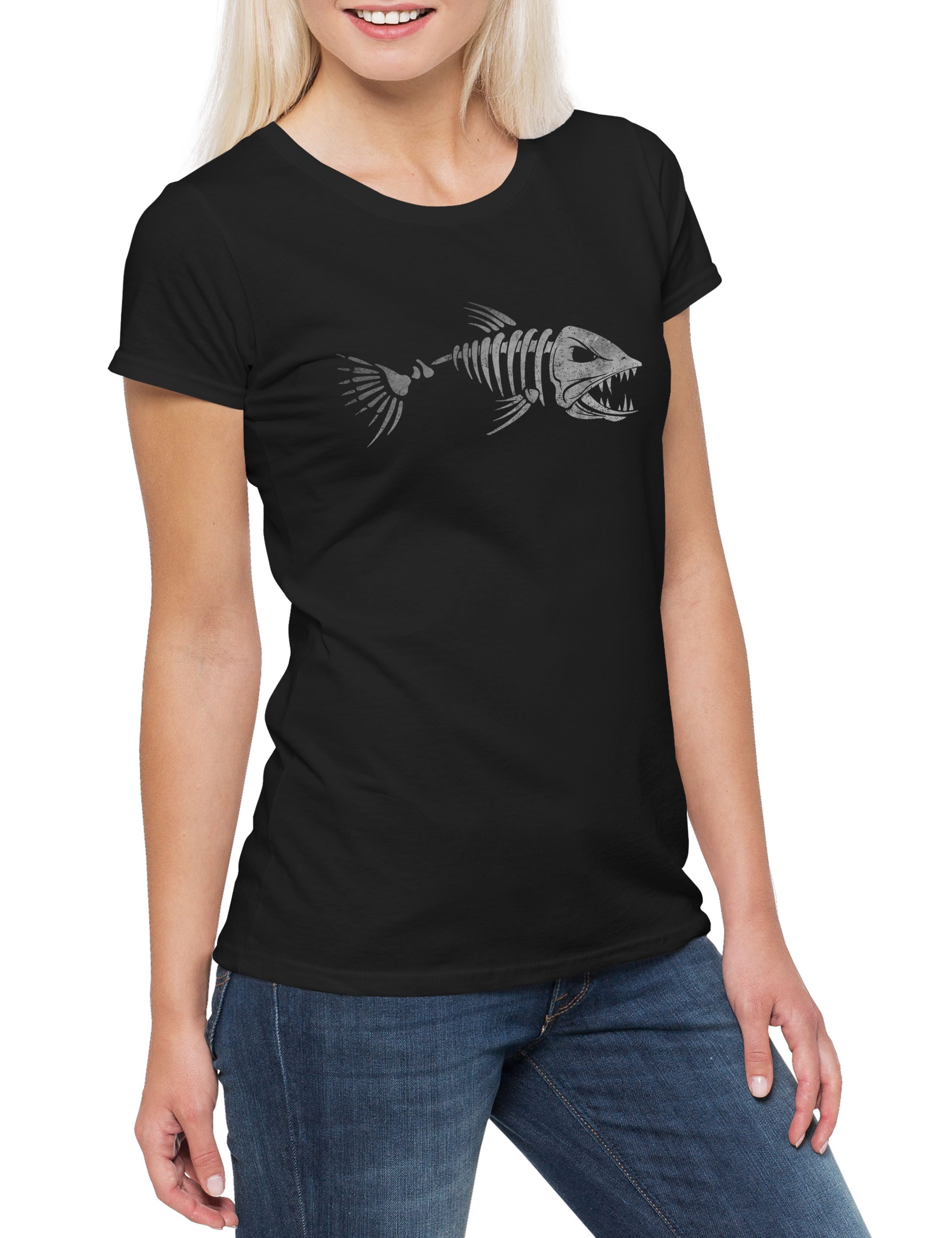 Urban Backwoods Print-Shirt Fish Skeleton Damen T-Shirt Skelett Fischskelett Fisch Fischen Angeln (1-tlg) Angel Angler Fluss See