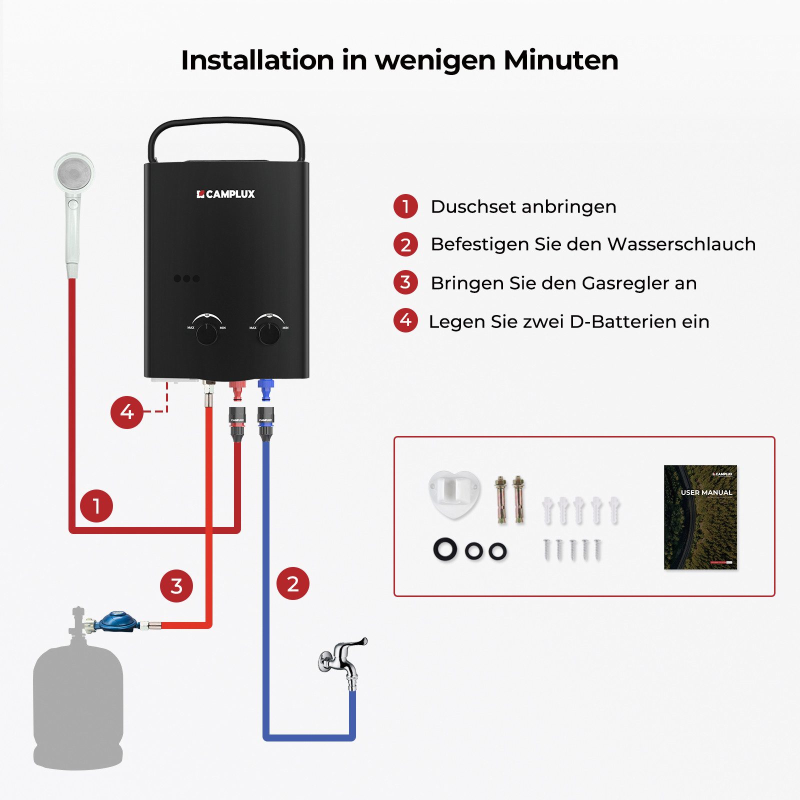 CAMPLUX Durchlauferhitzer AY132B-DE Campingdusche, 50 mbar, min. 10 °C, max. 65 °C, LPG Durchlauferhitzer 5L 10 kW Warmwasserbereiter 50 mbar – Bild 5 von 5