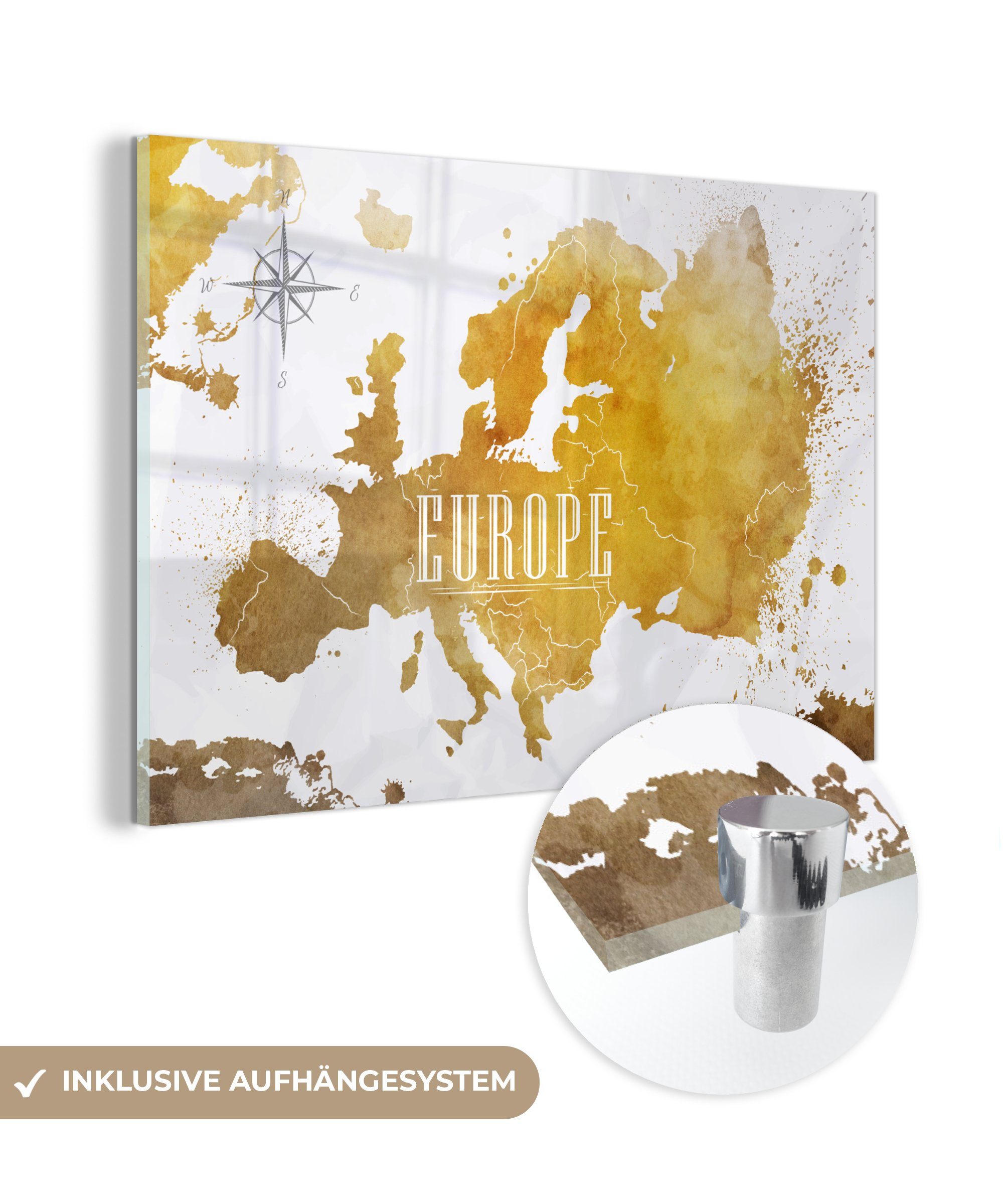 MuchoWow Acrylglasbild Weltkarten - Europa - Gold, (1 St), Glasbilder - Bilder auf Glas Wandbild - Foto auf Glas - Wanddekoration