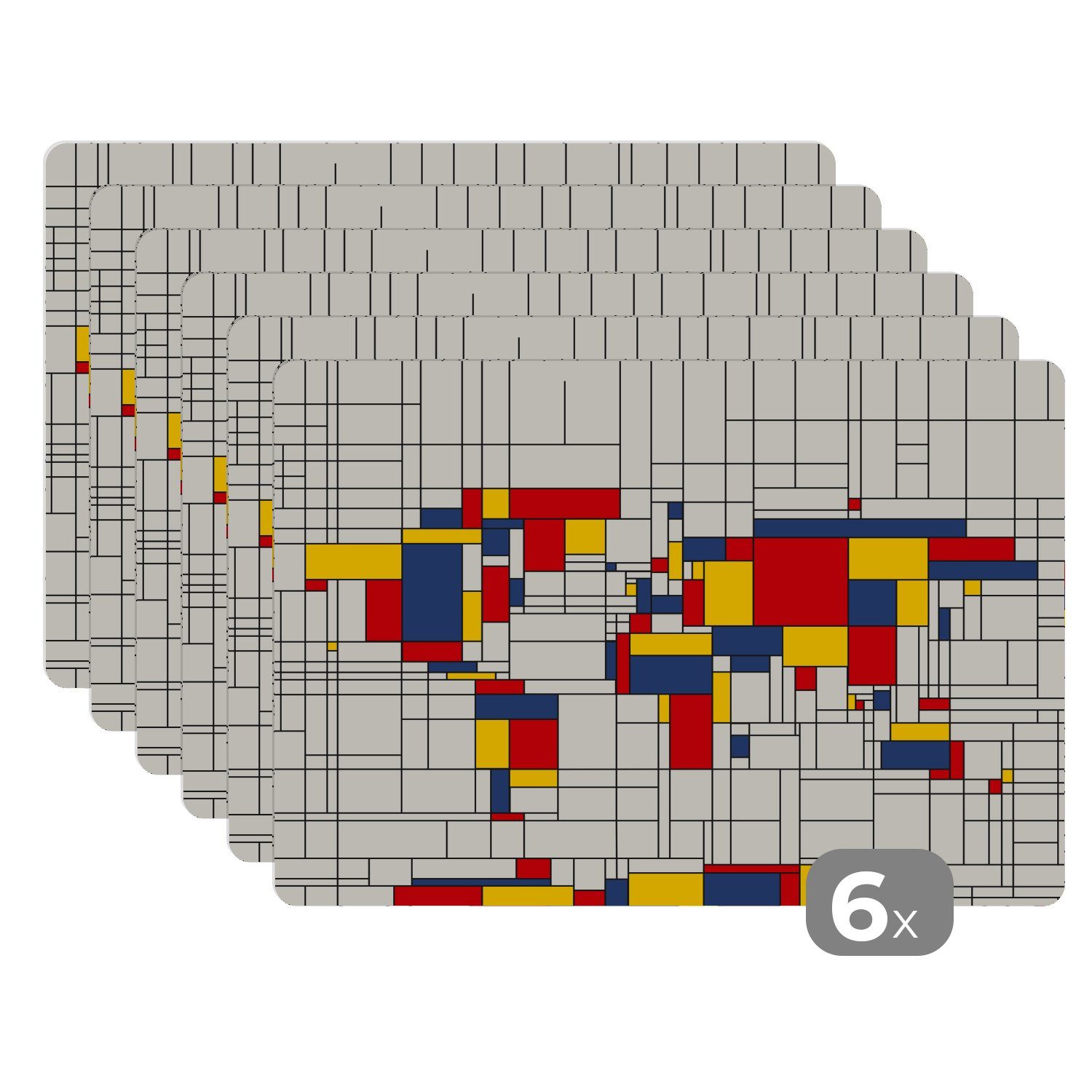 Platzset, Weltkarte - Mondrian - Farben, MuchoWow, (6-St), Platzset, Platzdecken, Platzmatte, Tischmatten, Schmutzabweisend