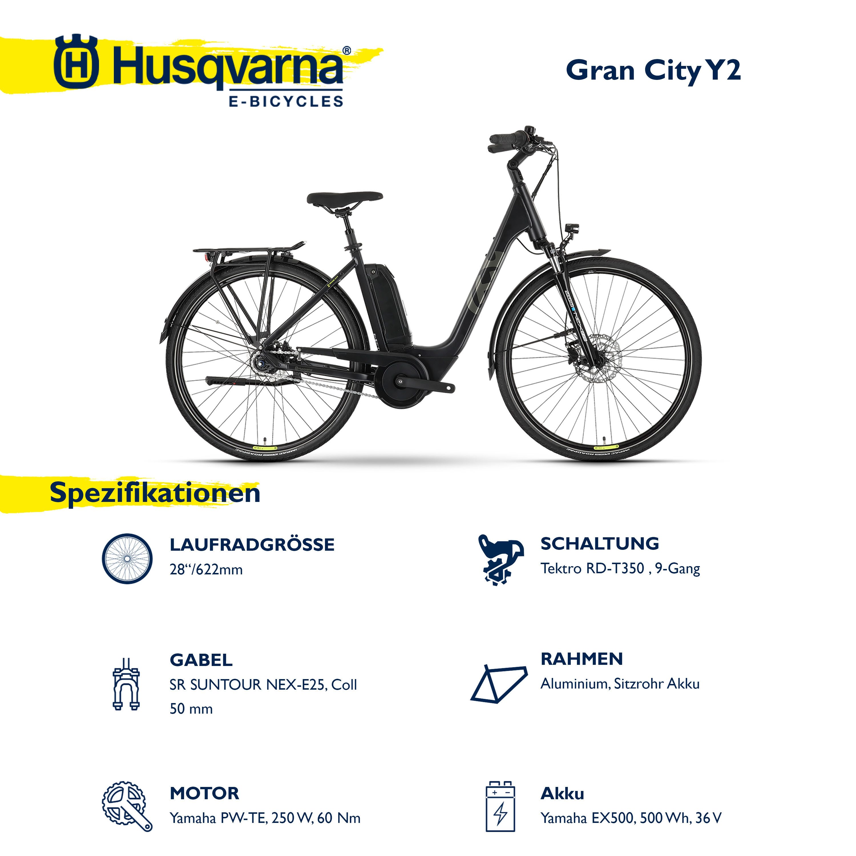 Husqvarna E-BICYCLES E-Bike Cityrad E-Citybike Grand City Y2, 9 Gang Tektro RD-T350 Schaltwerk, Kettenschaltung, Mittelmotor, 500 Wh, (28 Zoll, Yamaha Motor, Scheibenbremsen, mit Straßenzulassung), Pedelec, Elektrofahrrad für Herren u. Damen, tiefer Einstieg