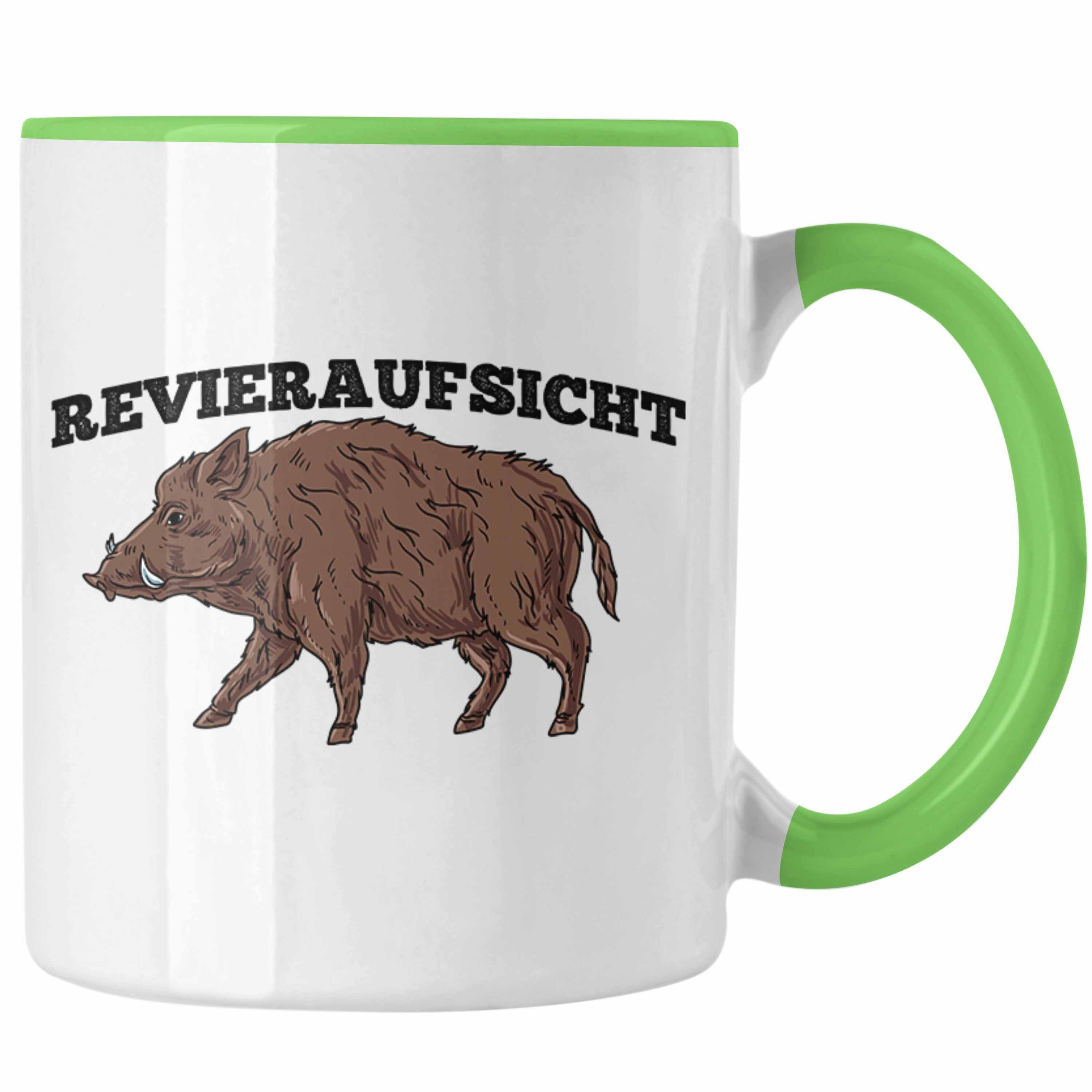 Trendation Tasse Lustige Tasse "Revieraufsicht" Wildschwein Grafik Geschenk für Jäger J Grün