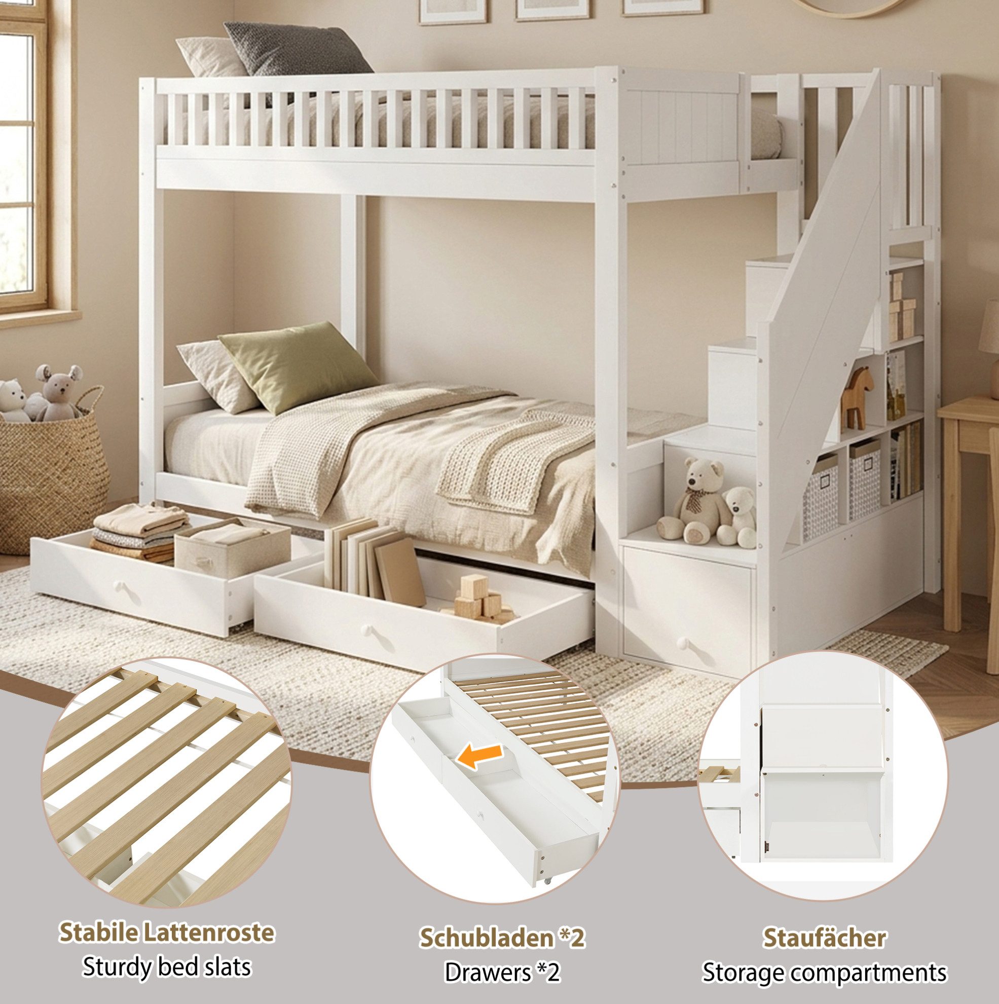 MODFU Etagenbett Kinderbett mit Stauraumlösung, praktischer Treppe (Holzbett 90x200 cm, 2 Schubladen-Bettkästen und Schutzgeländer, Funktionsbett Stauraumbett), Inklusive Matratze