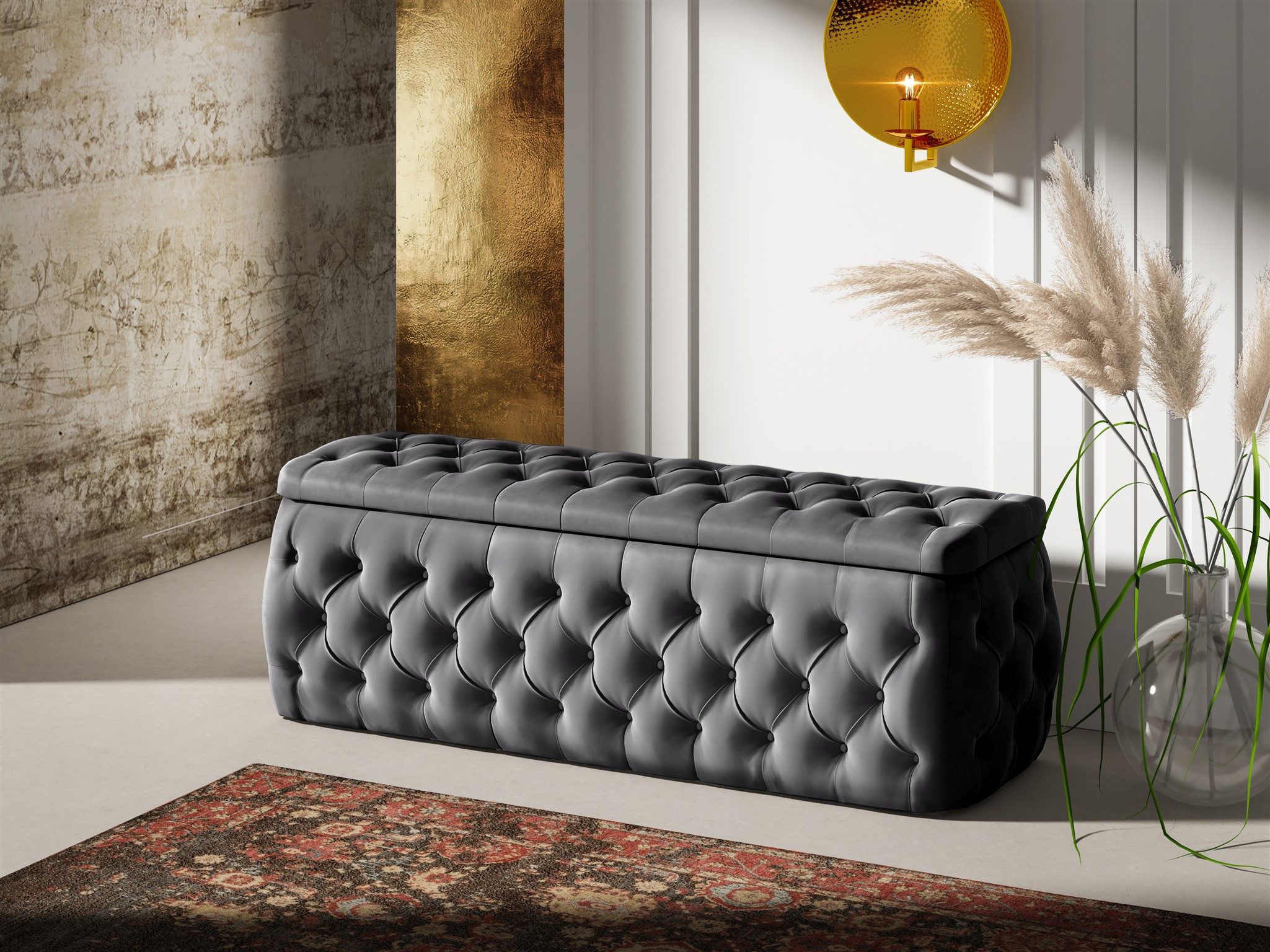 Fun Möbel Boxbett Schlafzimmerbett ERNESTO Nr.4 in Stoff Elisa Velvet (inkl. Topper, inkl. Bettkästen), inkl. 2 x Nachttisch mit Glasplatte, Polsterhocker und LED-Beleuchtung