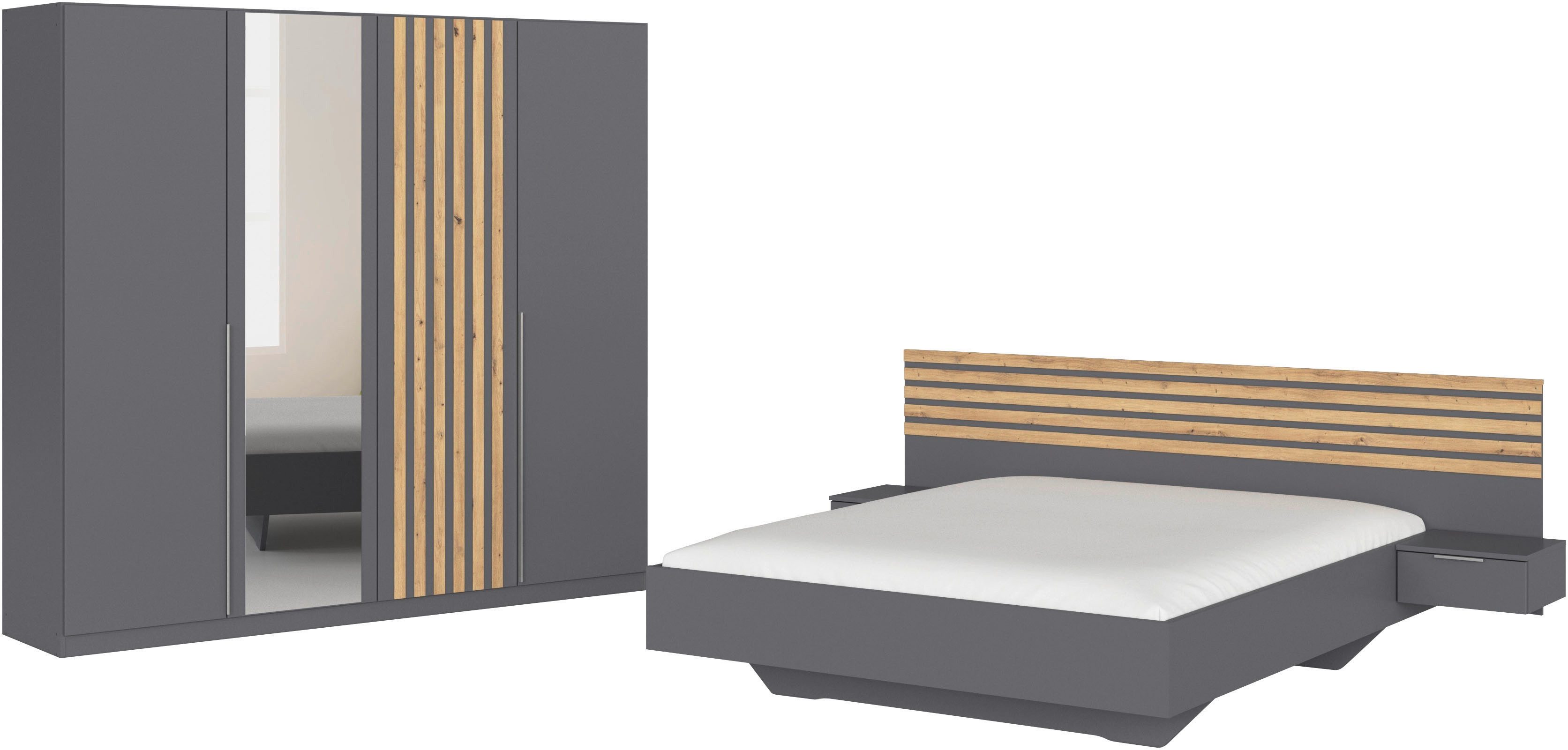 rauch Schlafzimmer-Set Komplettzimmer Komplett Set Schrank 226 cm Bett 160/180 cm LAMELLA, (Set, 4-tlg., 3 verschiedene Ausstattungen BASIC/CLASSIC/PREMIUM (inkl. SOFT-CLOSE), elegante Lamellen-Auflage in 3D Akustikpaneel Optik MADE IN GERMANY