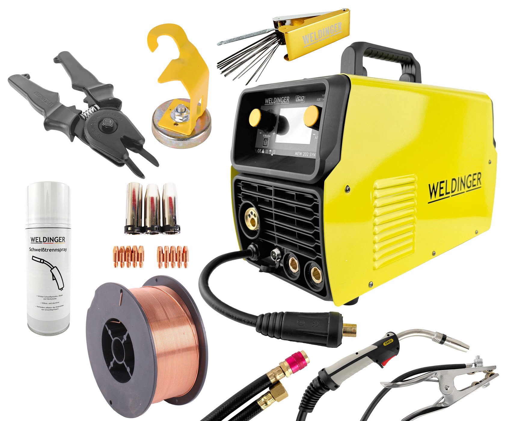 WELDINGER Inverterschweißgerät Synergischer Schweißinverter MEW 202 SYN puls dig + MIG/MAG Starterset, 200 - 10 A, Set, LCD-Display, 2T-/4T, DC Lift-WIG, Hot Start, Arc Force, Antistick, VRD