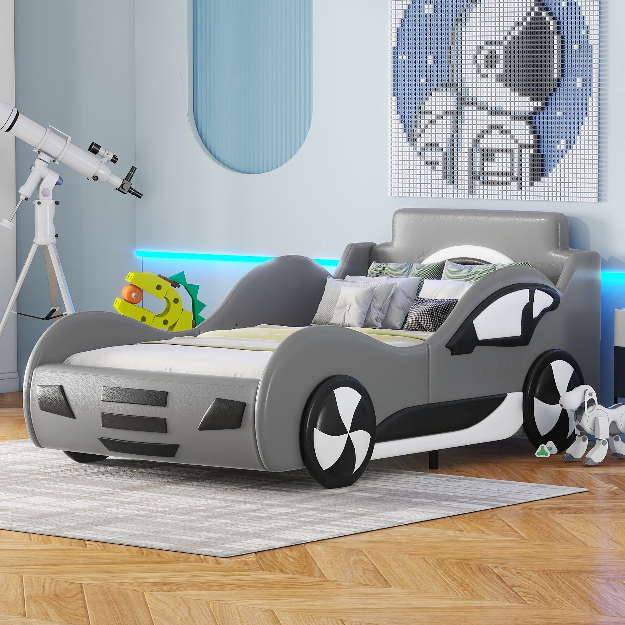 Merax Autobett mit Kunstlederbezug und Lattenrost, gepolstert 90x200cm mit  Stauraum, Kinderbett Rennwagen, Polsterbett
