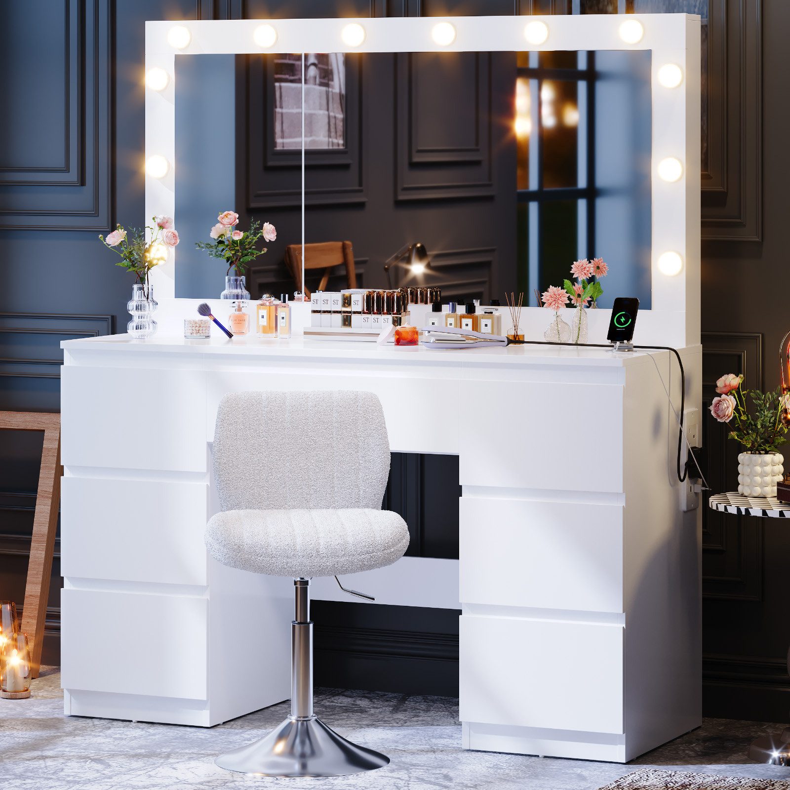 Furnicopia Schminktisch Großer verspiegelter Schminktisch mit sieben Schubladen (Abmessungen: 120 × 40 × 140 cm, 2 Steckdosen, 1 USB-Anschluss, 1 Typ-C-Anschluss. Spiegeldurchmesser: 106 cm. Inklusive Schmuckschrank mit speziellen Fächern für Halsketten, Ringe und Ohrringe-ostern geschenke)