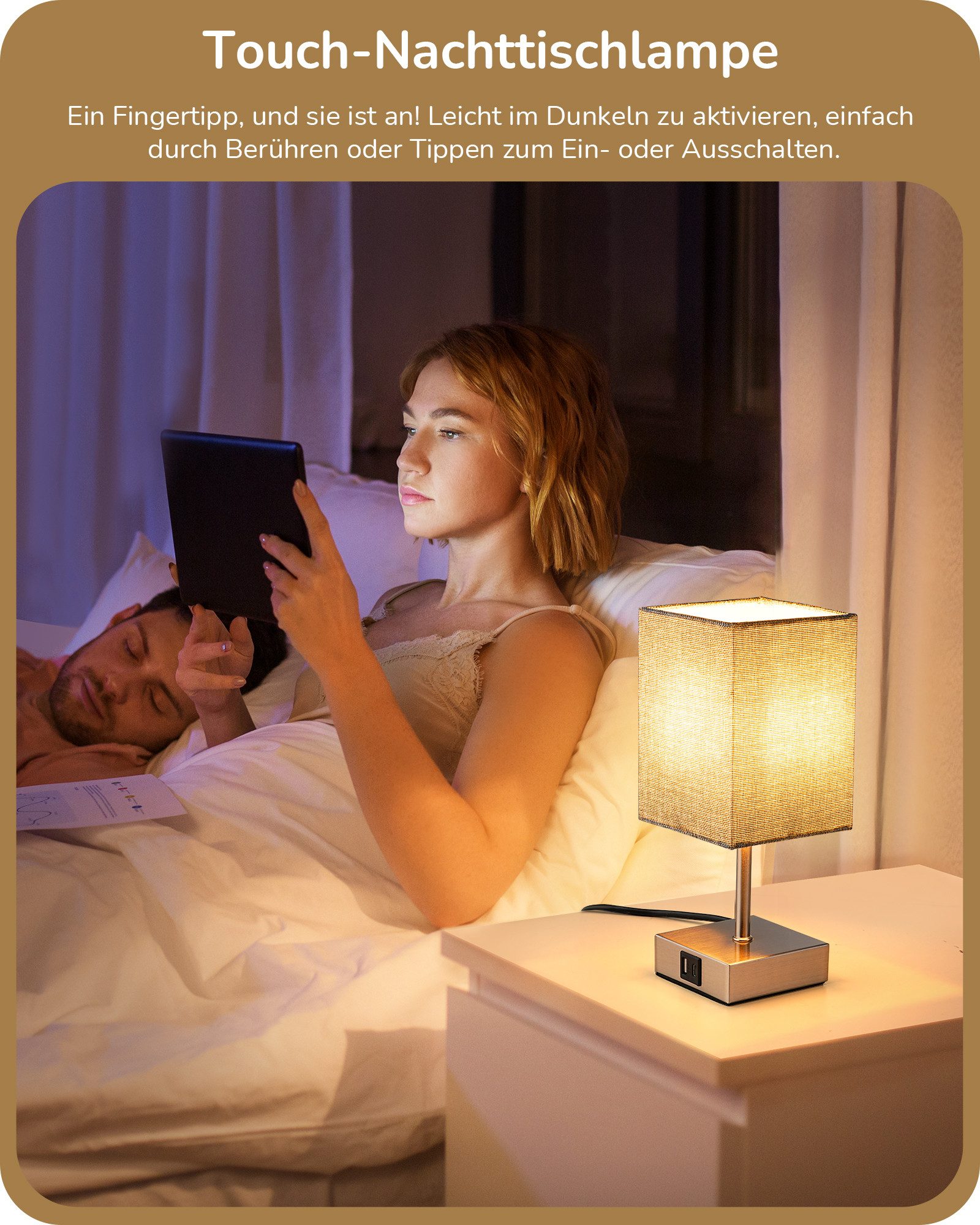 EDISHINE LED Nachttischlampe 2er-Set Schreibtischlampe Touch Dimmbar, Tischleuchten mit USB, LED wechselbar, warmweiß, kleine Tischlampe mit Ladefunktion für Fe – Bild 4 von 5