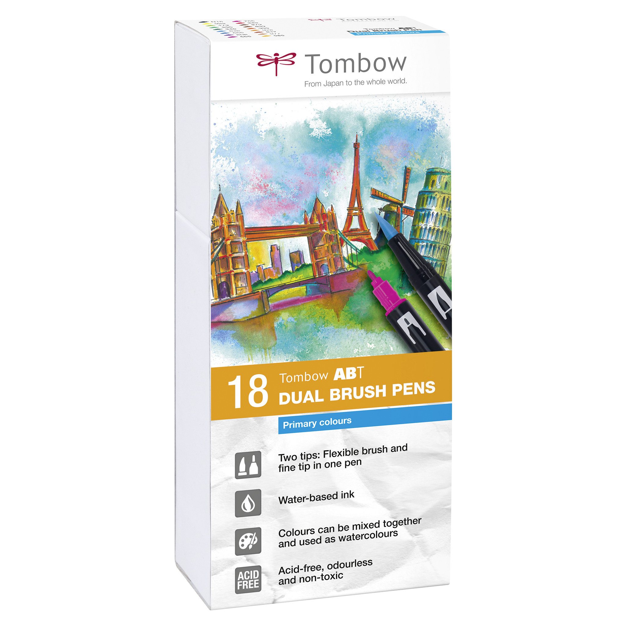 TOMBOW Pinselstift Tombow ABT Dual Brush Pen, (18er Set), zwei Spitzen, für Hand Lettering & Bullet Journal, wasservermalbar
