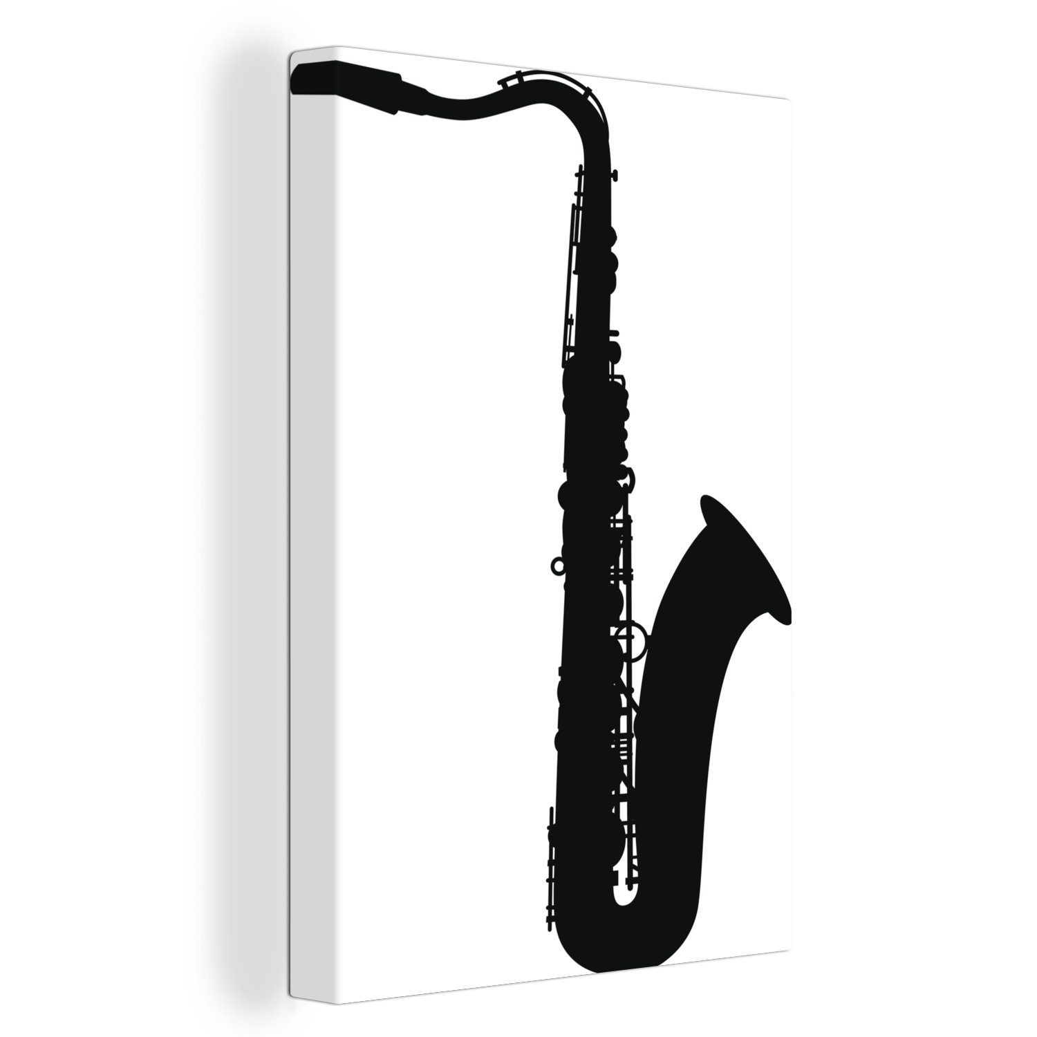 fertig Zackenaufhänger, (1 Leinwandbild cm Silhouette in St), inkl. bespannt OneMillionCanvasses® Saxophons eines 20x30 Leinwandbild Gemälde, Schwarz,