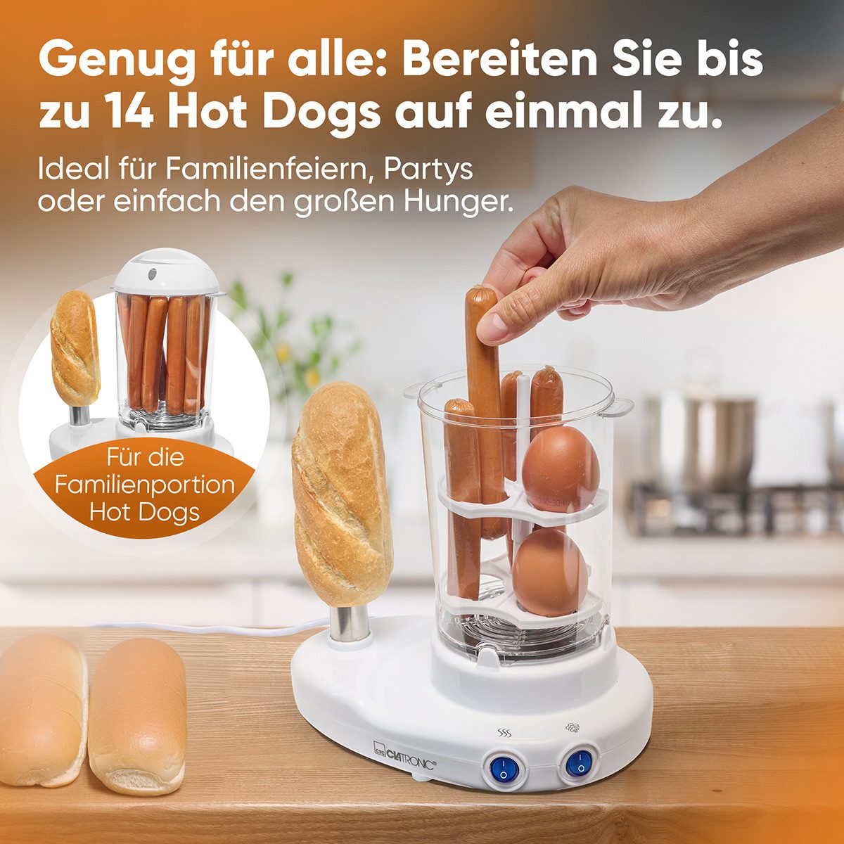 CLATRONIC Hotdog-Maker HDM 3420, für 1-14 Würstchen & bis zu 6 Eiern