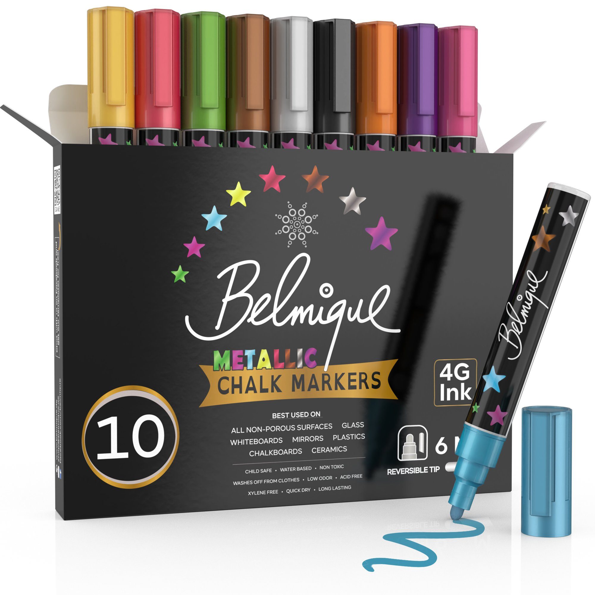 Belmique Malkreide Kreidemarker, (10er Set, Metallicfarbe), Perfekt als Kreidestift, Kreidemarker, Glasmalstifte, Folienstifte, Tafelstift, Glasmarker & Whiteboard Marker - Trocken Abwischbar