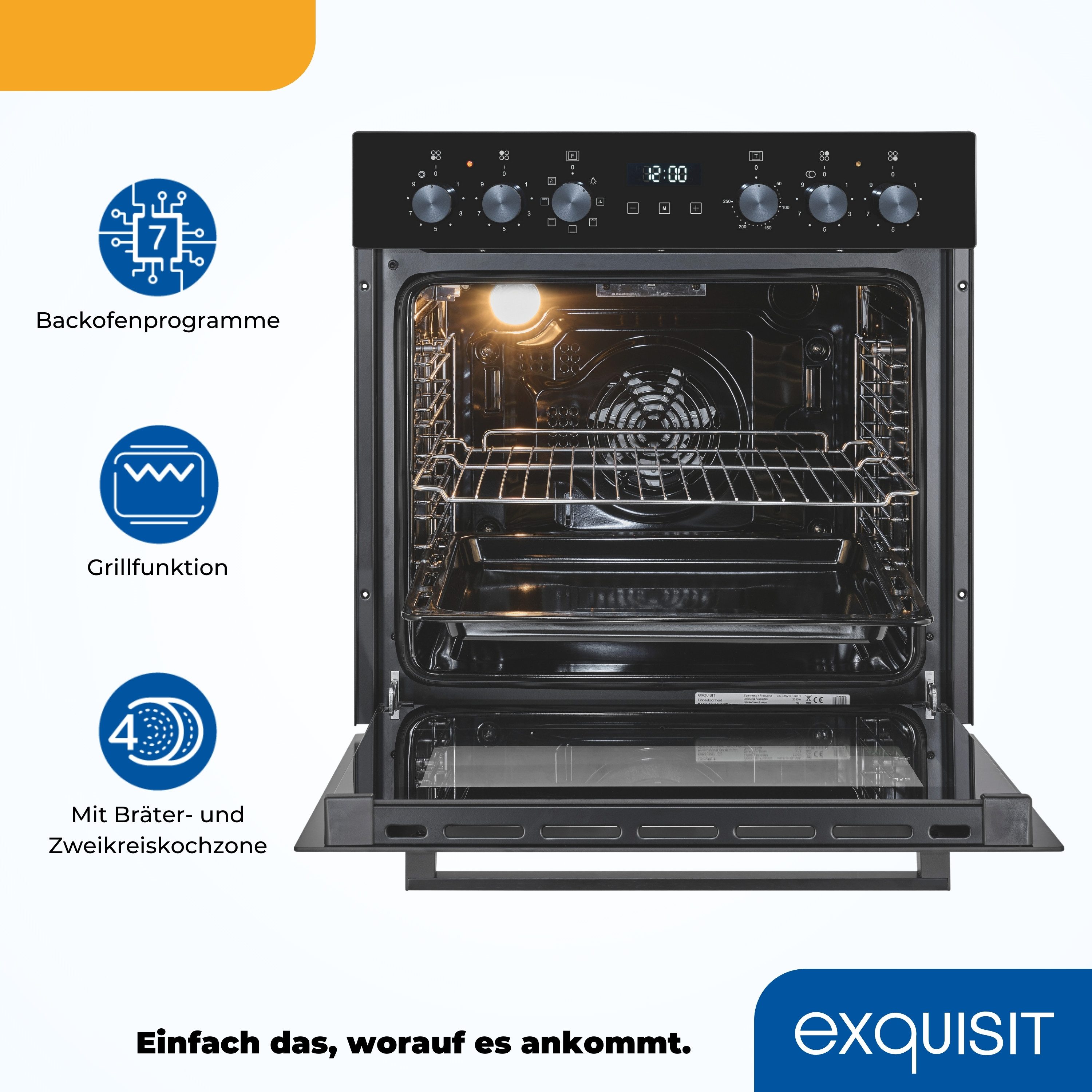 exquisit Elektro-Herd-Set EHE258-UBZ-020-Set schwarz, Vielseitiger Grill und 4-Zonen-Glaskeramikkochfeld – einfach & sicher! – Bild 4 von 5