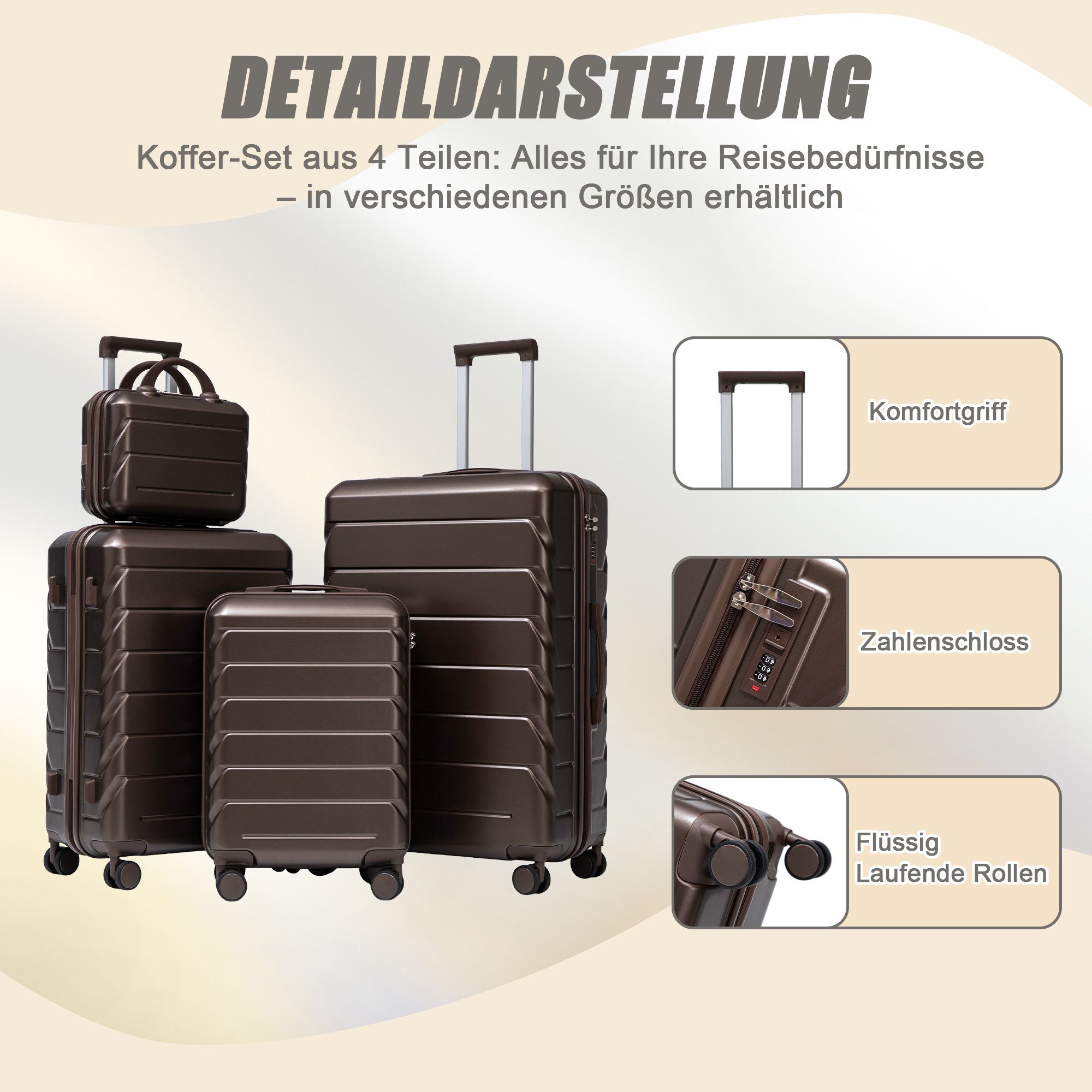 GLP Trolleyset Hartschalen Koffer S-M-L-XL-Set Reisekoffer Trolley, 4 Rollen, (Robustes Koffer-Set aus ABS-Hartschale, 4 tlg., 360° leisen Doppelrollen & verstellbarem Teleskopgriff), für Reisen, Wochenendtrips & Geschäftsreisen