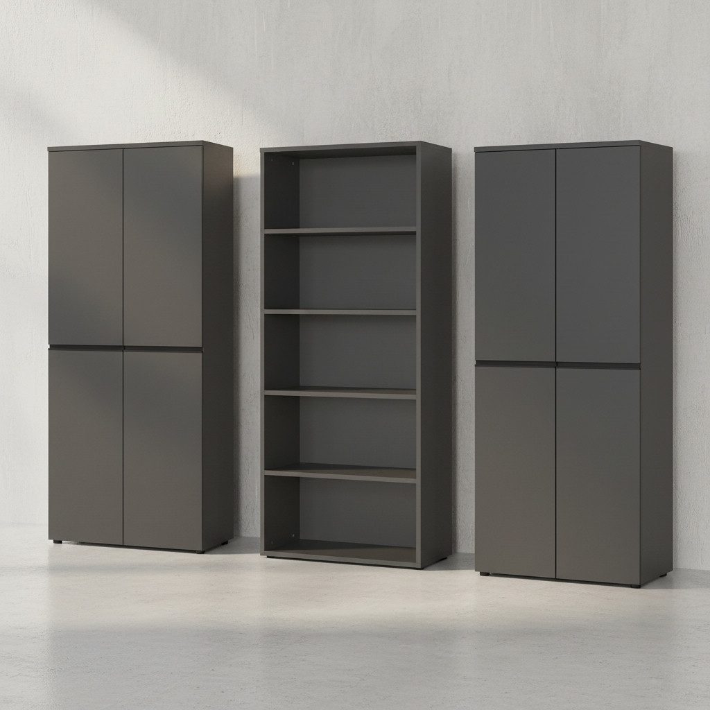 KADIMA DESIGN Büromöbel-Set Büro-Set "Stuttgart" Schrankwand hoch XL 3-teilig Soft-Close Graphit, (Büromöbel Made in Germany, 5 Ordnerhöhen, Soft-Close, Aktenschrank), 5 Ordnerhöhen (verstellbare Einlegeböden), Schwerlast (Regal), Modern