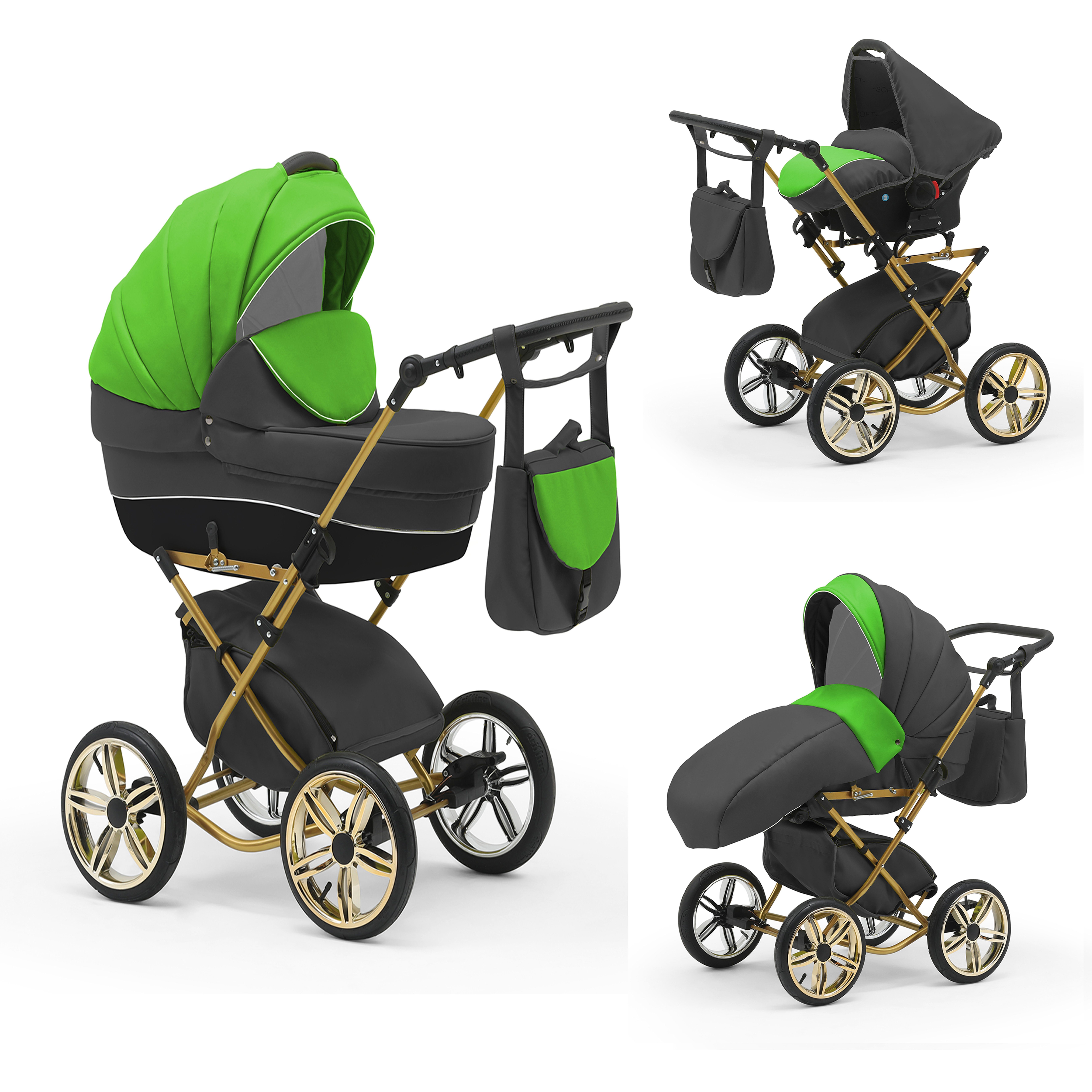 babies-on-wheels Kombi-Kinderwagen Sorento 3 in 1 inkl. Autositz - 13 Teile - in 10 Designs Grün-Grau