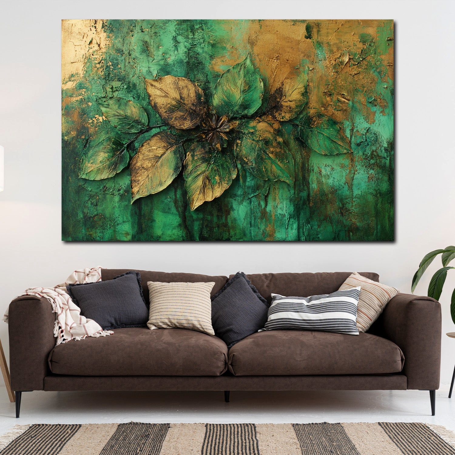 Artedinoi Leinwandbild Blattstruktur Gold Grün Naturrelief Wandbild Leinwandbild Kunstdruck X, Blattrelief in Gold-Grün