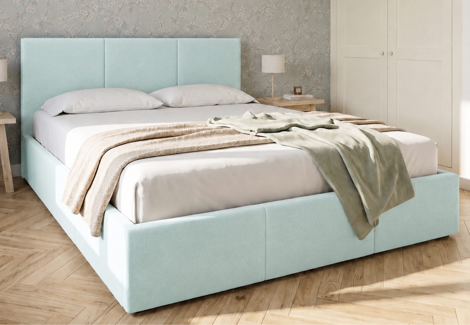 Home Collective Polsterbett Bett Doppelbett Bettgestell mit Lattenrost & Stauraum, mehrere Größen (Größen: 120x200 140x200 160x200 180x200, samtweicher Veloursstoff, in Europa hergestellt), Bettkasten flexibler Lattenrost mit Härtegradeinstellung Hellblau