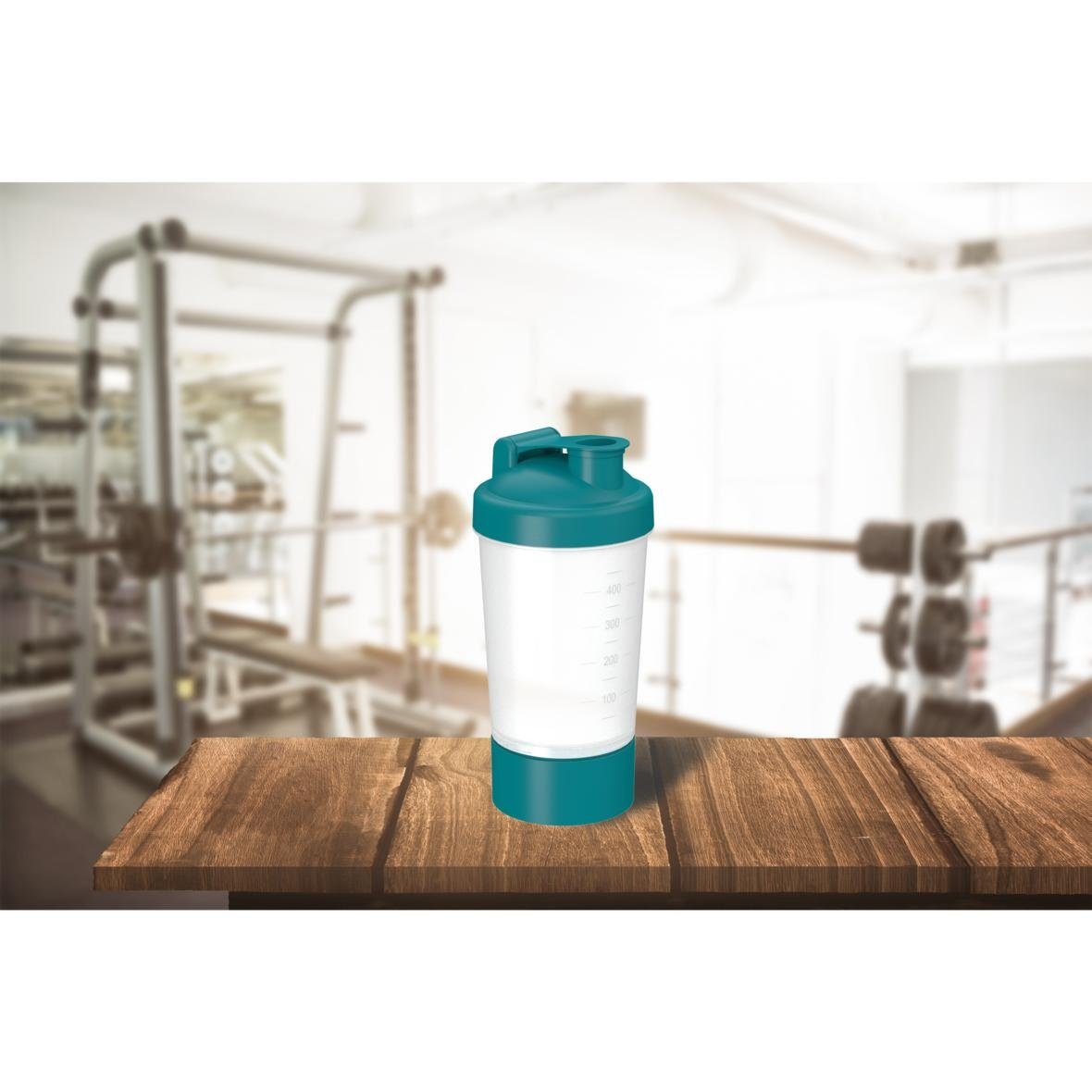 elasto Protein Shaker 400ml Fitness shaker mit Pulverfach inkl. Sieb und Skala, Shaker für Eiweiß- & Sportgetränke, auslaufsicher, einfache Reinigung