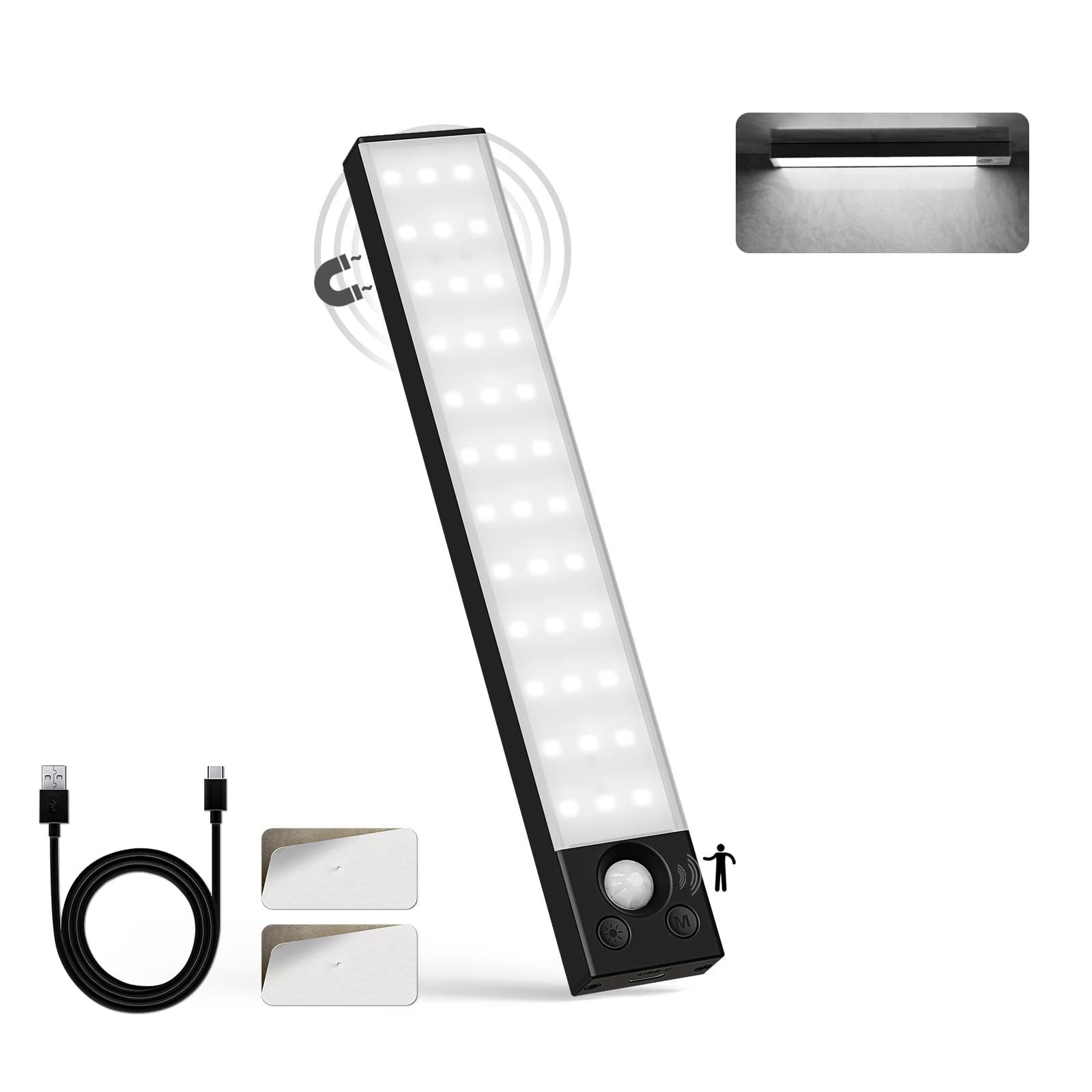 LQWELL LED Unterbauleuchte mit Bewegungsmelder, Dimmbar, Akku, USB-C Wiederaufladbar Schranklicht, LED fest integriert, Treppenlicht Nachttischlampe 22,5 cm, 1500 mAh, 22,5 cm, 1500 mAh, Schwarz, für Küche, Kleiderschrank, Schlafzimmer