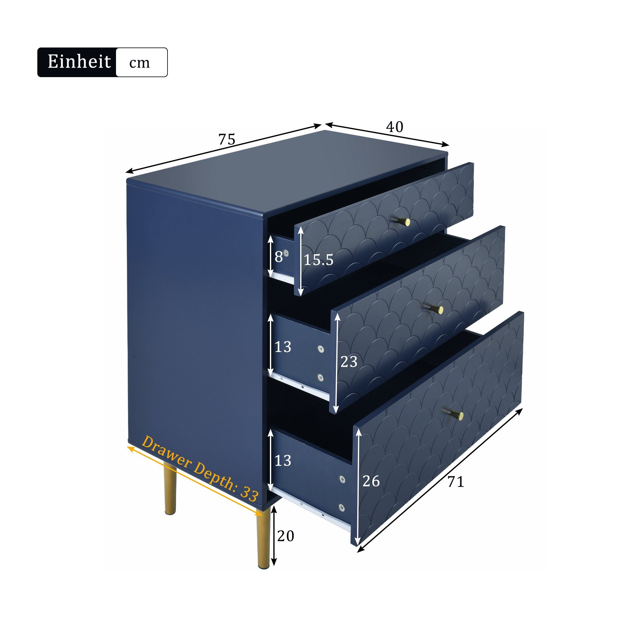 Kommode (1 St., Sideboard Schubladenschrank mit 3 Schubladen und 2 Türen), Fischschuppenmuster, Metallbeine, Verstellbare Ablage, 120*40*82 cm