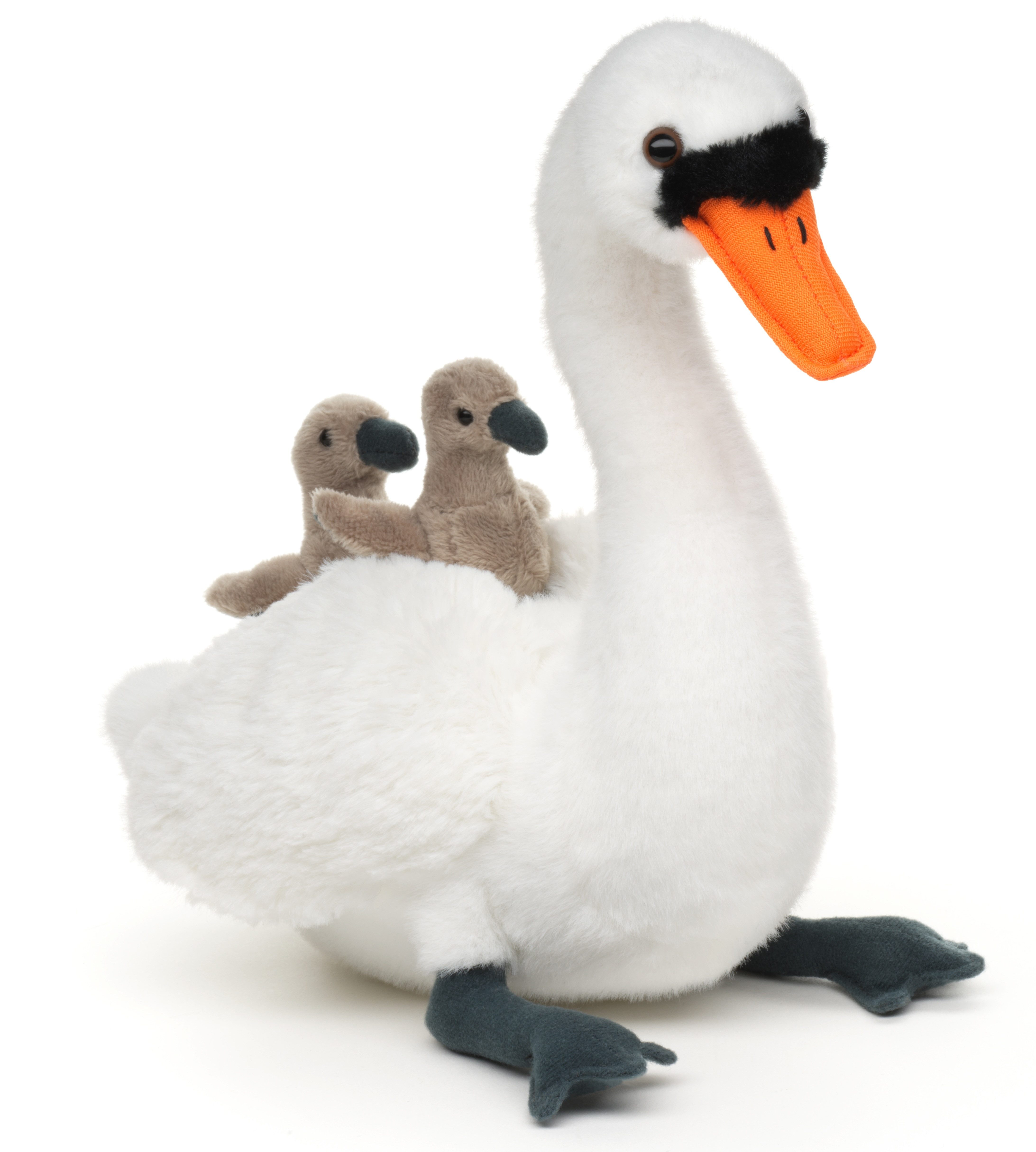 Uni-Toys Kuscheltier Schwan mit Babys - 24 cm (Höhe) - Plüsch-Vogel - Plüschtier, zu 100 % recyceltes Füllmaterial