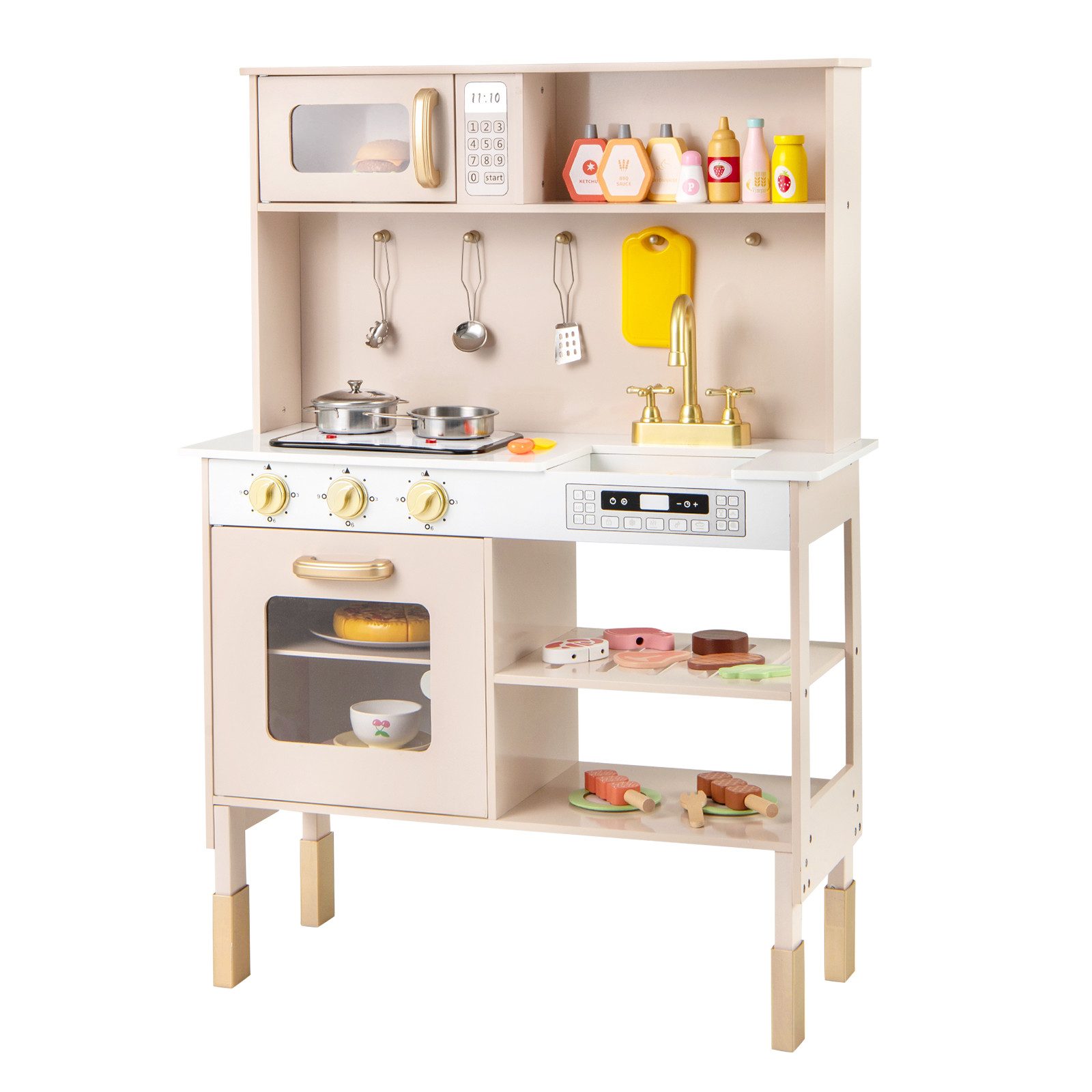 COSTWAY Spielküche Holz, Höhenverstellbar inkl. Kochzubehör mit Licht & Sou günstig online kaufen