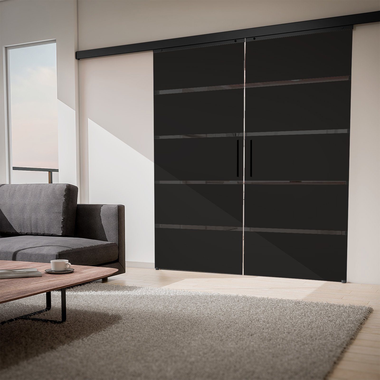 inova wohnen Doppelschiebetür Glasschiebetür Blockstreifen schwarz, 180 x 203,5 cm (Komplett Set, inkl. Schienensystem und Stabgriff), Softclose-Funktion wählbar