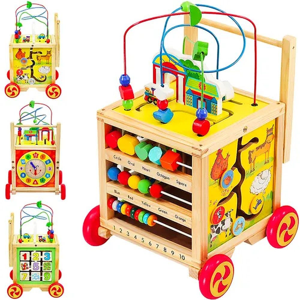 KRUZZEL Lauflernwagen Schiebewagen Motorikwürfel Lauflernhilfe, (Spar-Set, 1-tlg., 34 x 33 x 48 cm stabil), Motorikschleife, Zählrahmen, Formen & Farben, Holz