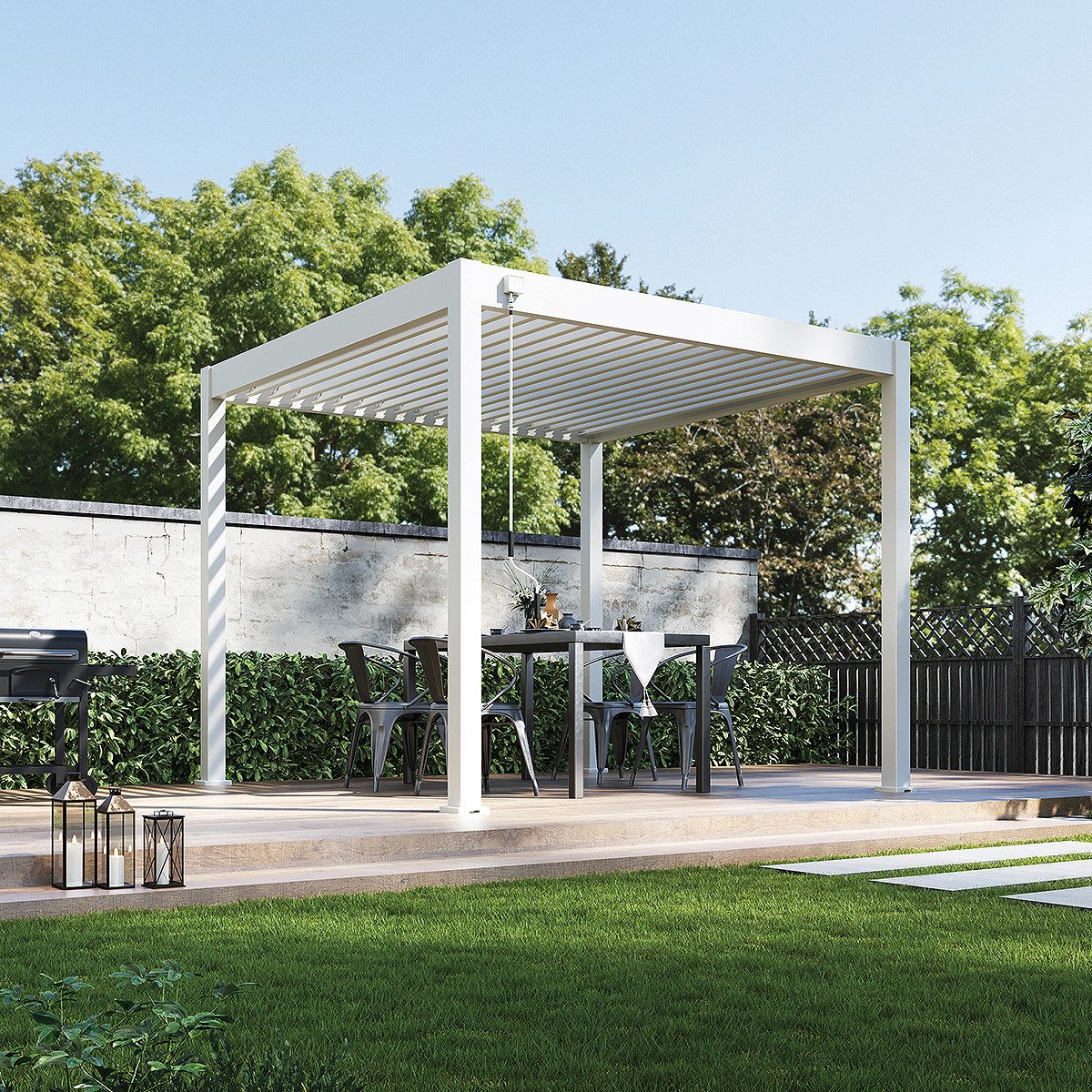 Weide Pergola Classic Pavillon Terrassenüberdachung Aluminium 3 x 3 M weiß, BxTxH: 300x300x255 cm, (Hochwertigste Aluminium-Konstruktion & verzinkte Stahl-Lamellen, Komplettset inkl. detaillierter Aufbauanleitung)