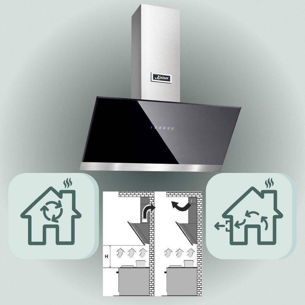 Kaiser Küchengeräte Wandhaube AT 9440 Dunstabzugshaube 90 cm, Schwarz Glas Edelstahl, 1250m³/h AT 9440 Dunstabzugshaube 90 cm, Schwarz Glas Edelstahl, 1250m³/h, Kopffreihaube 90 cm, Automatisches Öffnen, Dunstabzugshaube