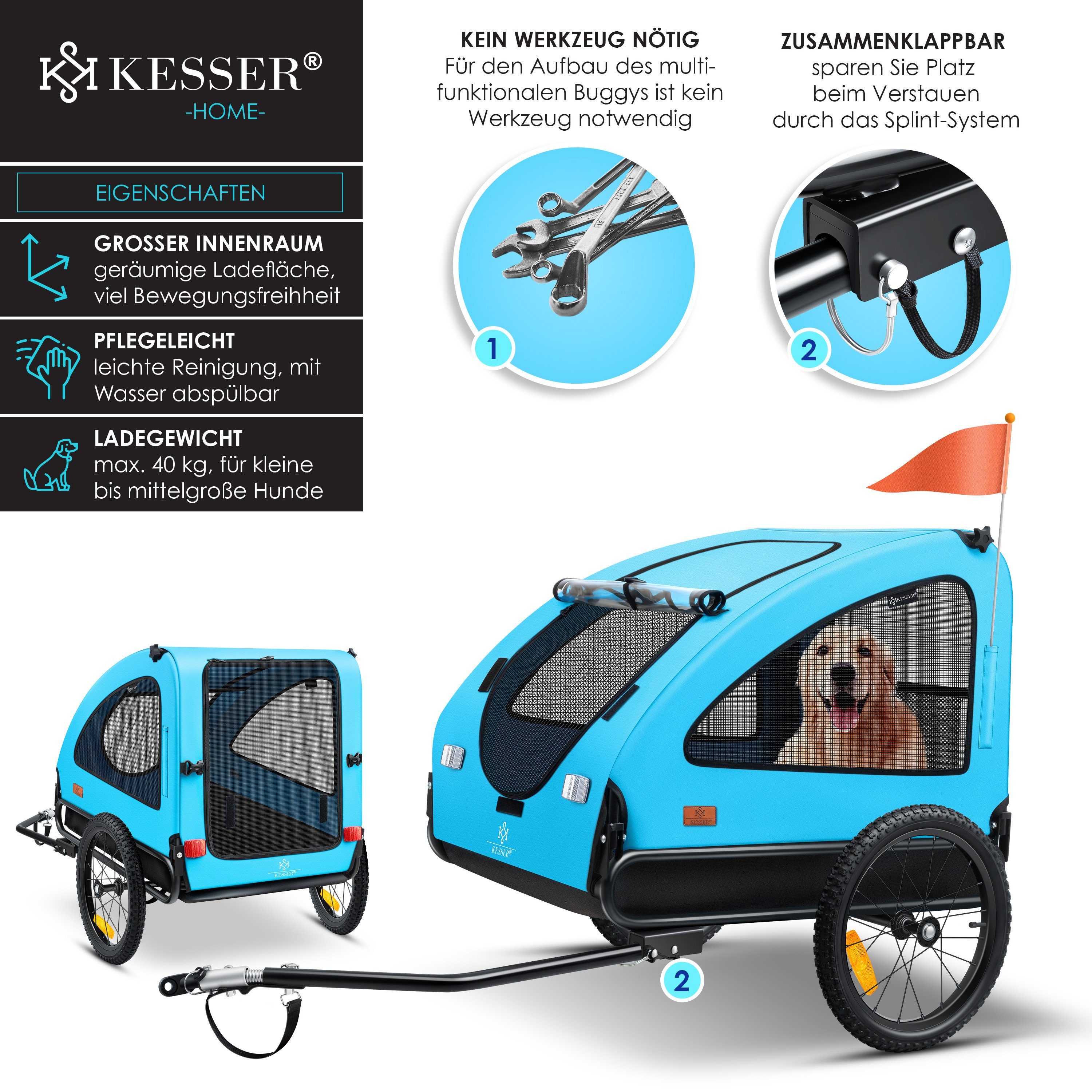 KESSER Fahrradhundeanhänger, Hundeanhänger Boxer 2-in-1 Hundebuggy Fahrradanhänger groß