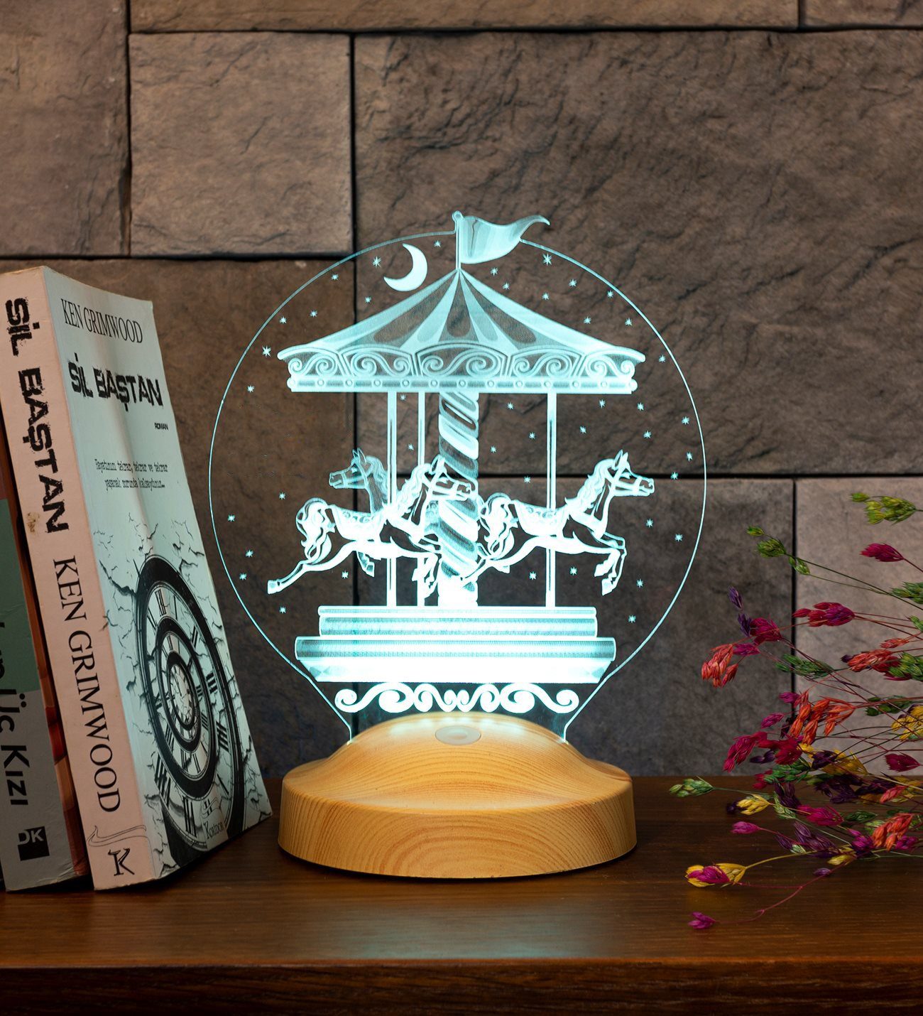 Geschenkelampe Nachttischlampe Karussell Geschenk 3D mehrfarbige Nachtlicht, Leuchte 7 Farben fest integriert, Geburtstagsgeschenk für Babys, Mädchen, Jungen