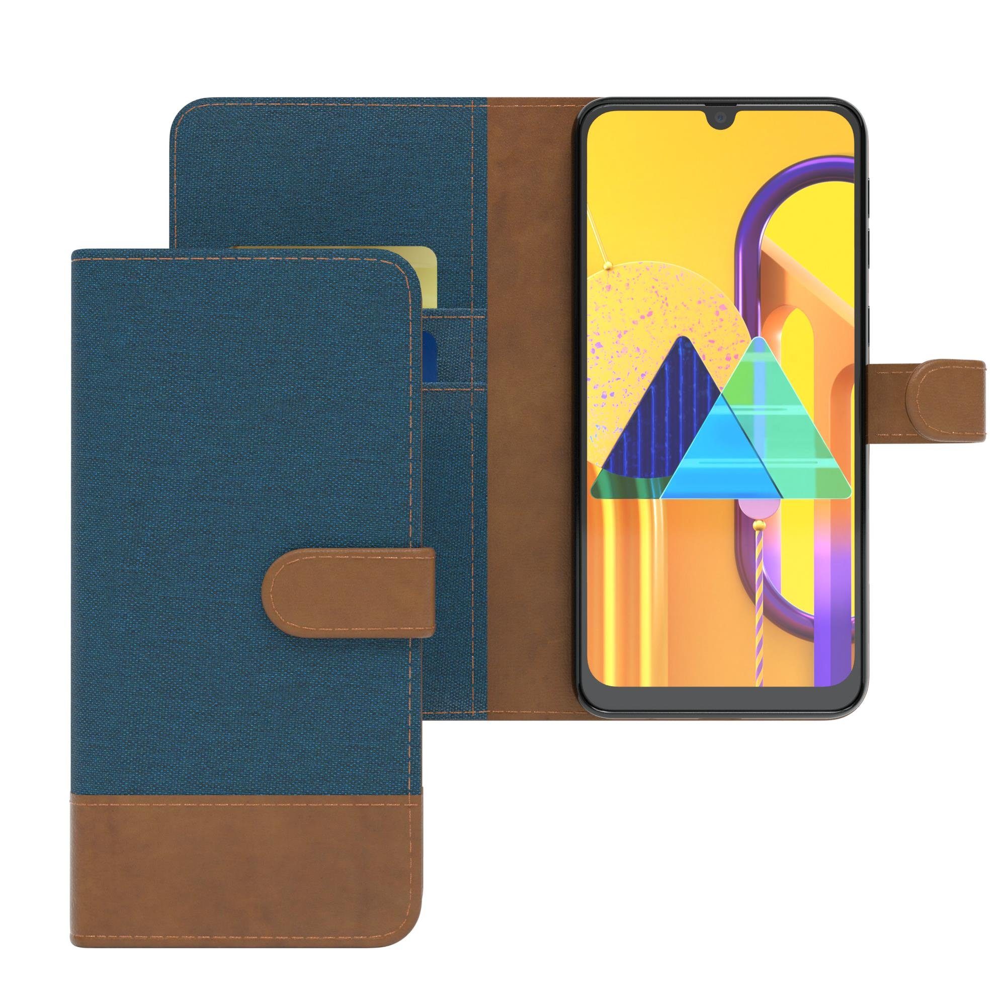 EAZY CASE Handyhülle Bookstyle Jeans für Samsung Galaxy M30s / M21 6,4 Zoll, Klappcase mit Standfunktion und Kartenfach Stoff Schutzhülle Blau