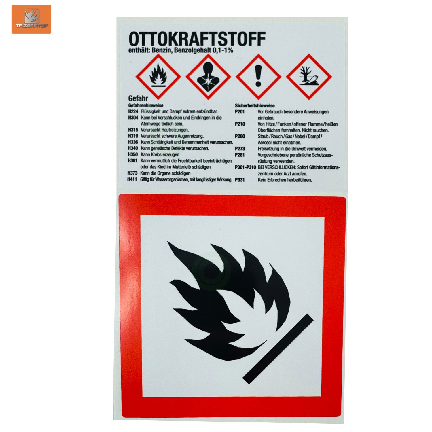 TRIZERATOP Warnschild Ottokraftstoff Benzin Warnetikett, Aufkleber Gefahrenhinweise + Symbol, (1 Stück)