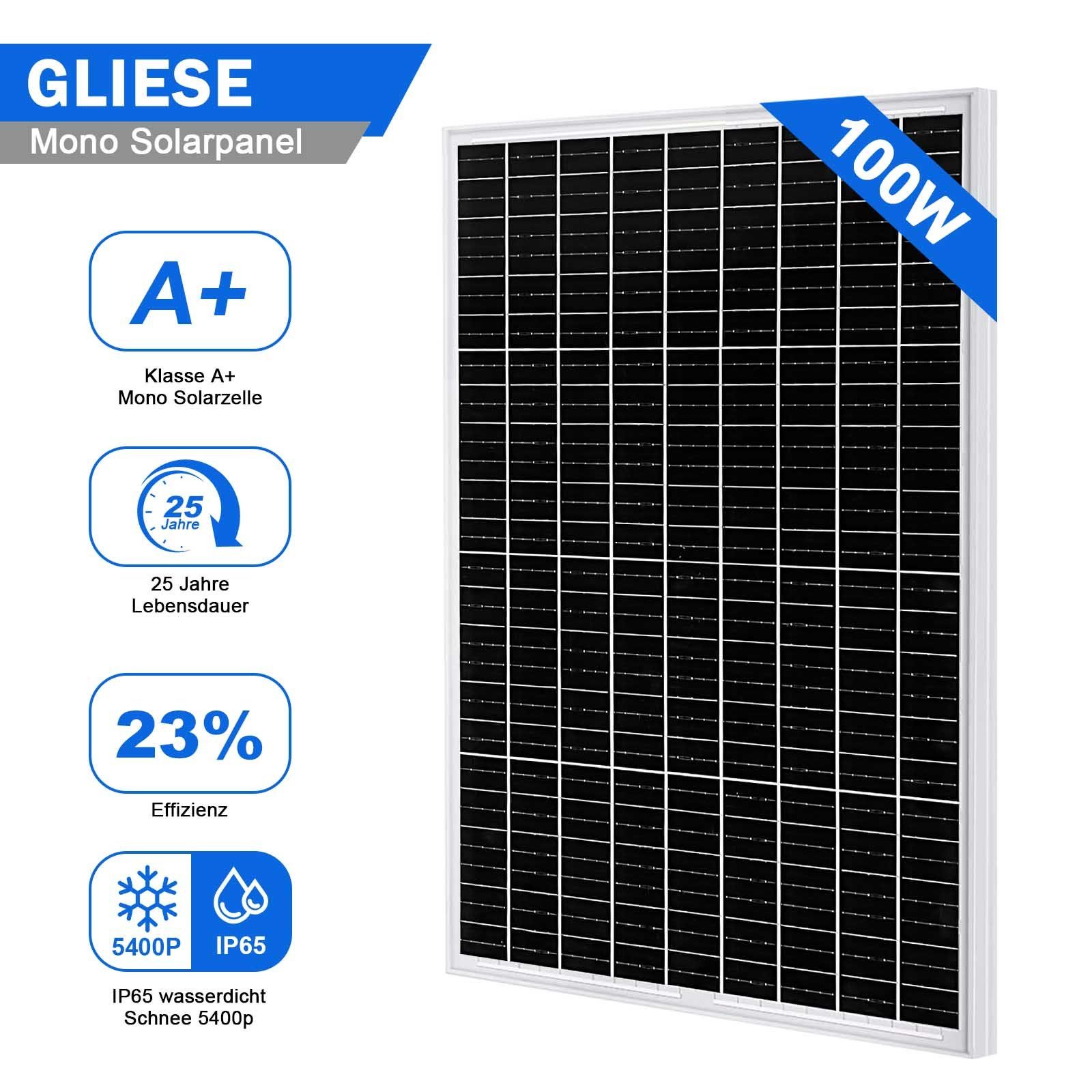 GLIESE Solarmodul 100 Watt 12 Volt Mono Solarpanel, 100,00 W, Monokristallin, (Set, 100W Solarmodul)