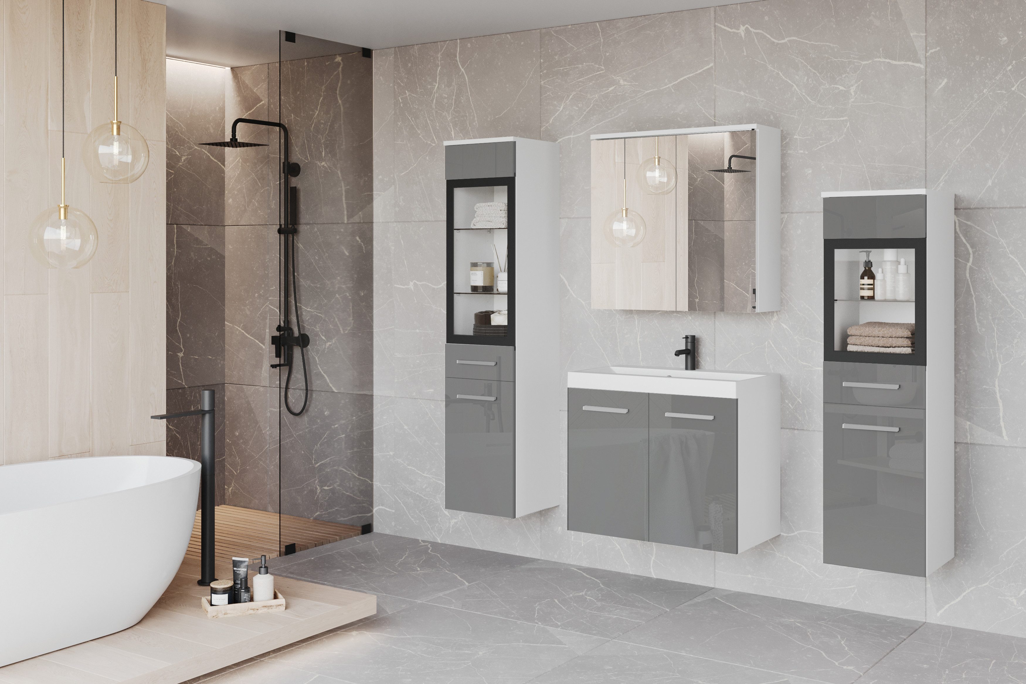 welltime Badmöbel-Set MADRIT II, Schrank mit Waschbecken, 2 Hänger, Spiegelschrank, (Komplett-Set, 5-St), Hängende Badmöbel mit Glaseinsätzen – in vielen Farben erhältlich