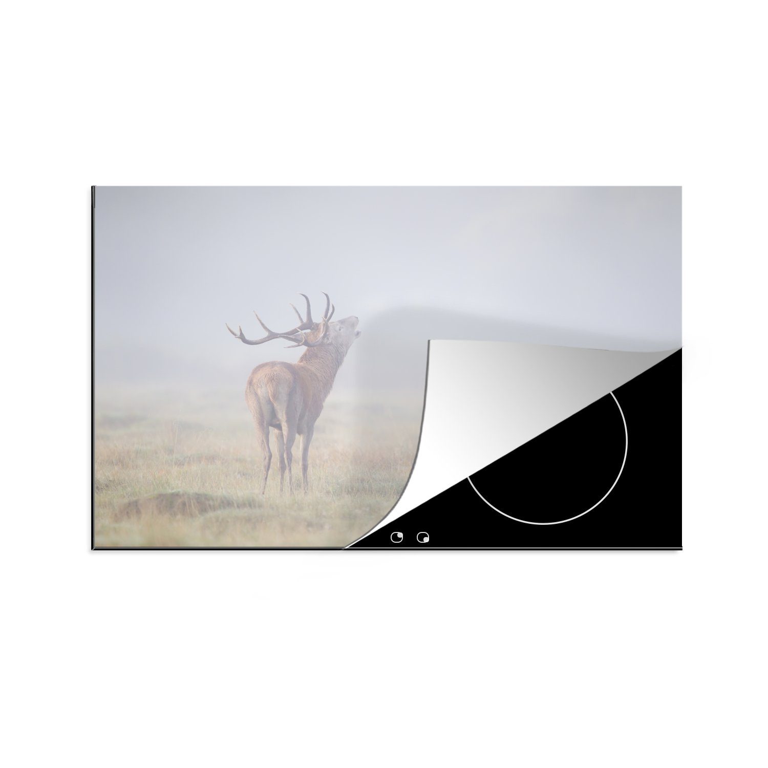 MuchoWow Herdblende-/Abdeckplatte Hirsche - Gras - Nebel, Vinyl, (1 tlg), 81x52 cm, Induktionskochfeld Schutz für die küche, Ceranfeldabdeckung