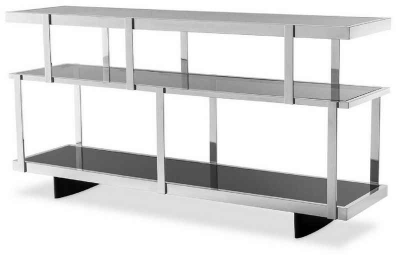 Casa Padrino Stauraumschrank Luxus Konsole Silber / Schwarz 180 x 46 x H. 91 cm - Edelstahl Schrank mit Glasregalen - Regalschrank - Wohnzimmer Schrank - Büroschrank - Luxus Qualität