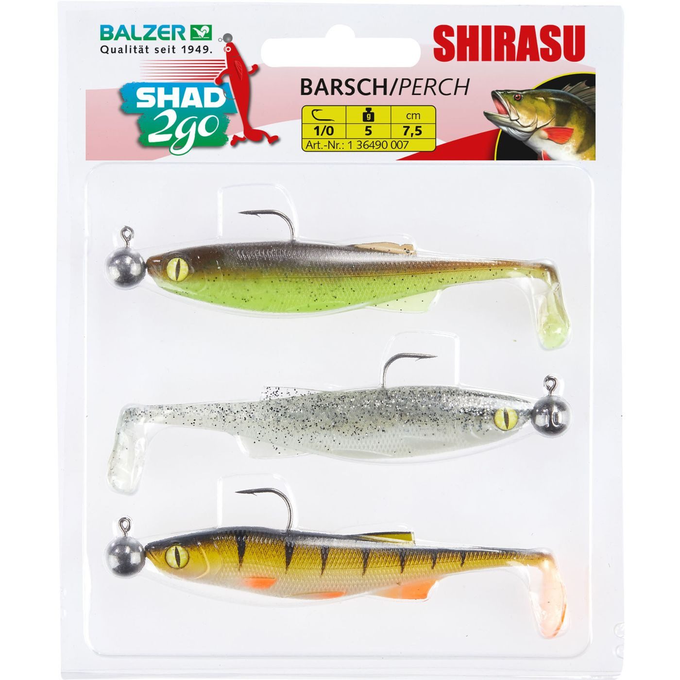 Kunstköder Balzer Shad 2go Set Barsch 7,5cm 5g - 3 montierte Gummifische im Set
