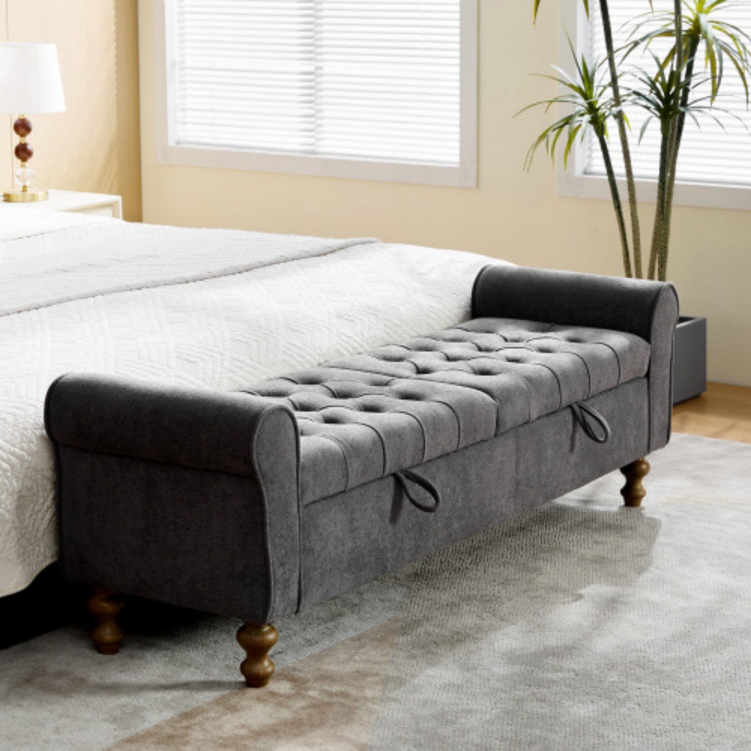 ANYSUN Bettbank Polsterbank mit Stauraum, 2 Klappdeckeln, Armlehnen & Chenille, 156×46×51 cm, bis 158 kg, für Schlafzimmer, Flur & Wohnzimmer