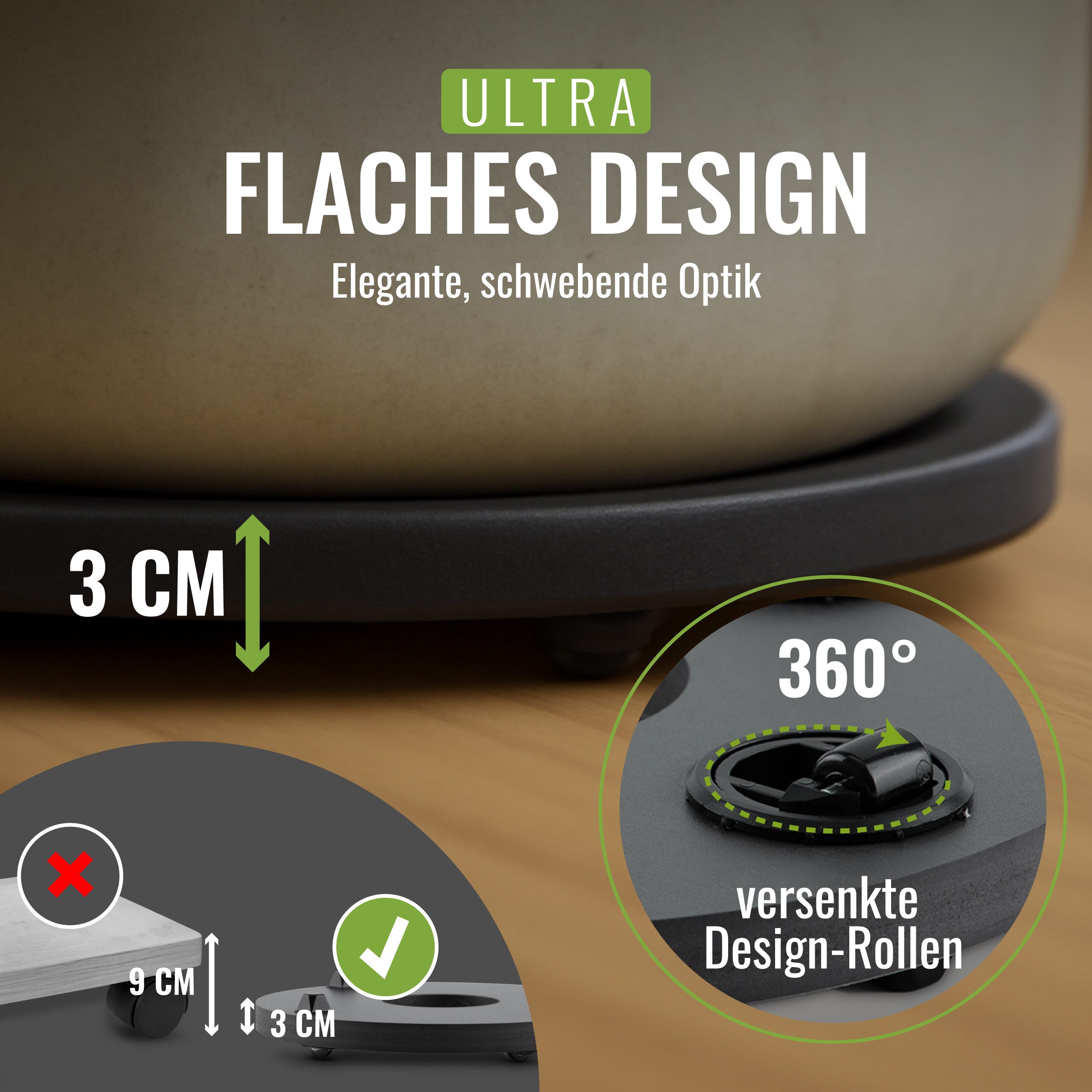 Pflanzwerk® Pflanzenroller Pflanzkübel Blumentopf Ultraflacher Designer Untersetzer Gefäßroller, German Design Award® - 2 Jahre Garantie - Outdoor & Indoor geei – Bild 4 von 5