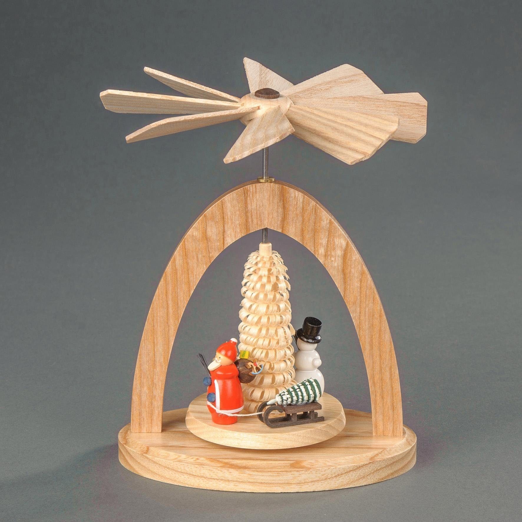 Albin Preissler Weihnachtspyramide Wärmespiel mit Weihnachtsmann, Schlitten und Ringelbäumchen, Handwerkskunst aus dem Erzgebirge, Weihnachtsdeko aus Holz
