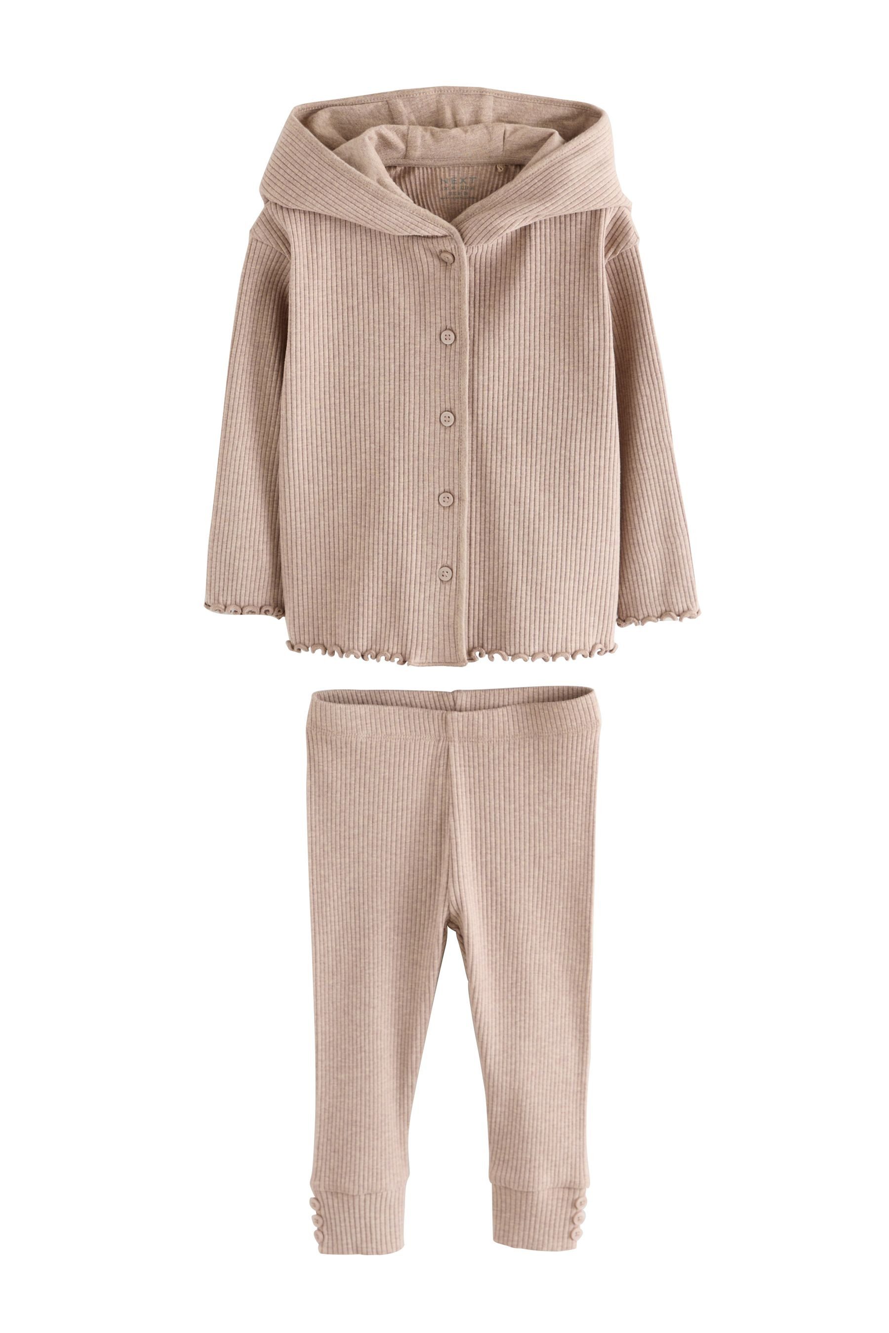 Next Langarmshirt & Leggings Gerippte Kapuzenstrickjacke und Leggings im Set (2-tlg)