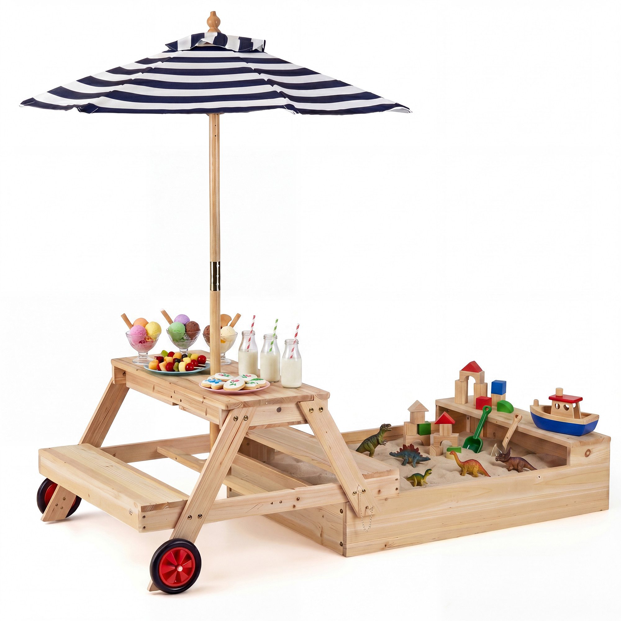 KOMFOTTEU Sandkasten, Picknicktisch mit Sandkasten, abnehmbarem Sonnenschirm & Deckel