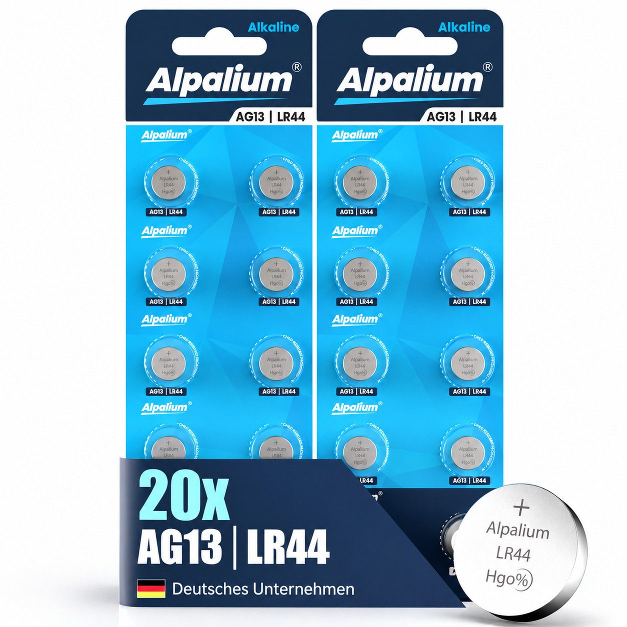 ALPALIUM AG13 LR44 Knopfzellen Batterie Alkaline, 20 Stück, Marke Alpalium Knopfzelle, LR44 (1.5V V), lange Lagerfähigkeit, umweltfreundlich verpackt, Vorratspack