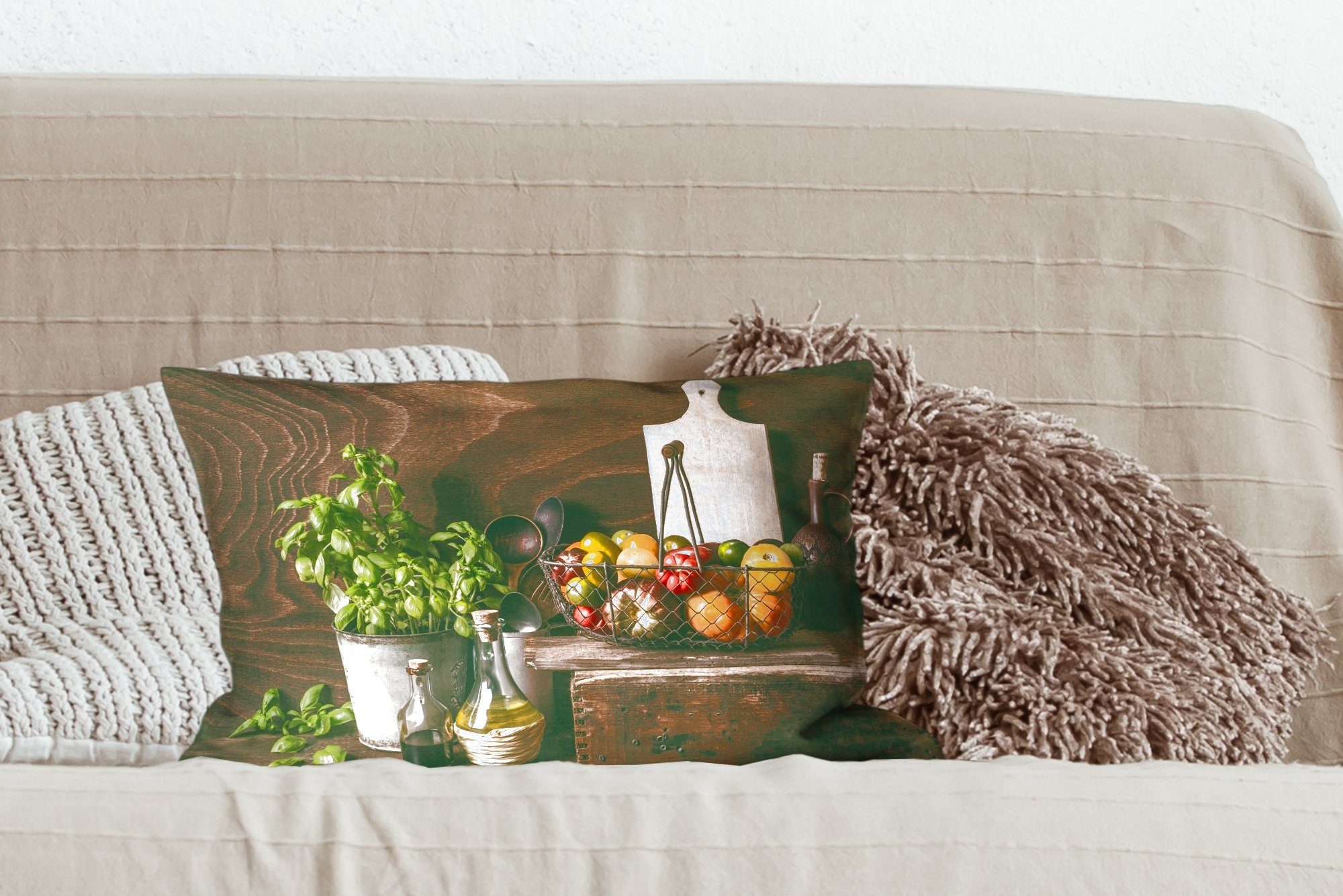 Rustikal Schlafzimmer - - MuchoWow Basilikum, - Dekokissen Füllung, Stilleben Dekokissen Kräuter Gemüse Dekoration, mit Wohzimmer Zierkissen, -