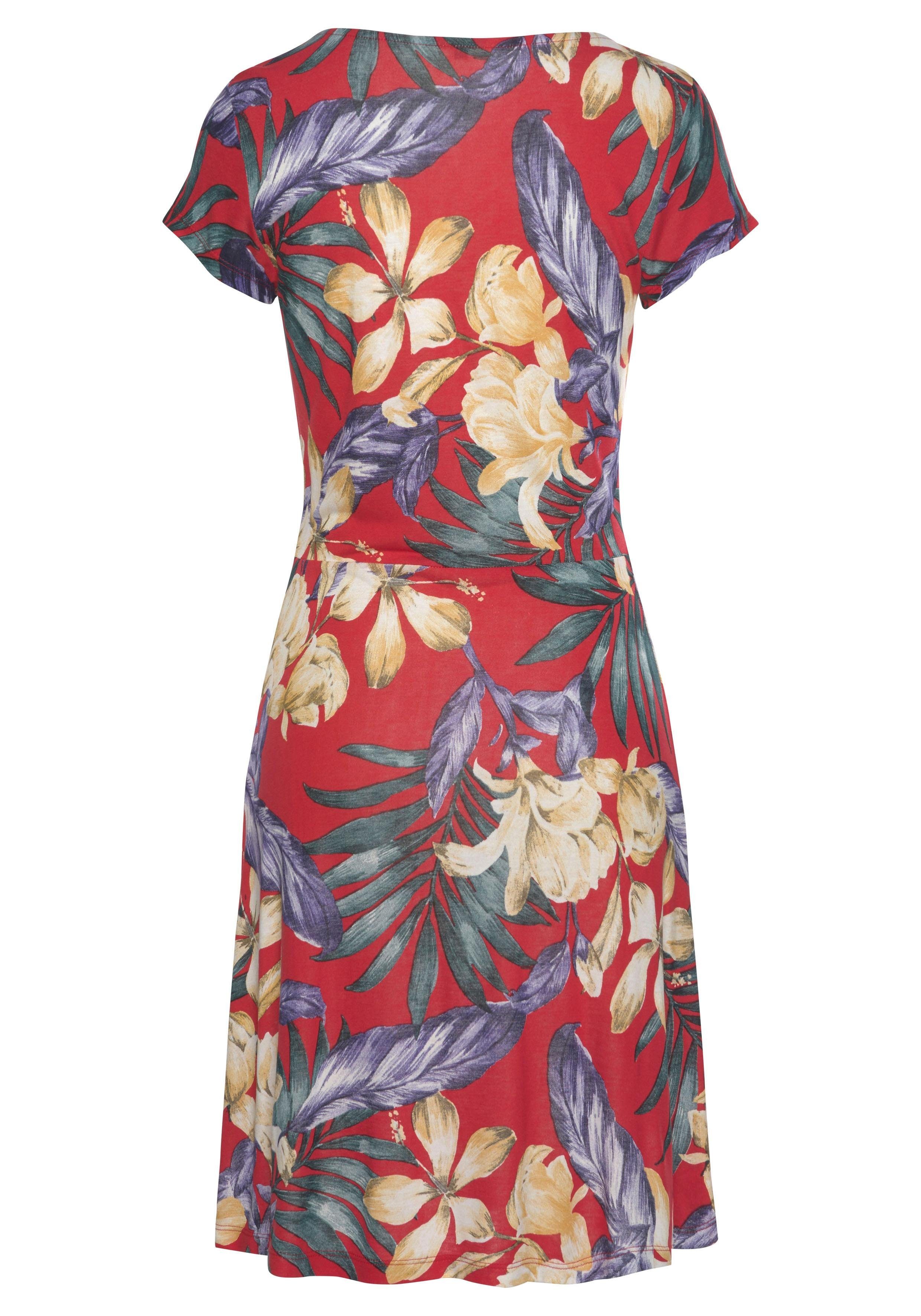LASCANA Sommerkleid mit V-Ausschnitt und Alloverdruck, Jerseykleid T-Shirtkleid aus Jersey, leichtes Strandkleid, Viskosekleid